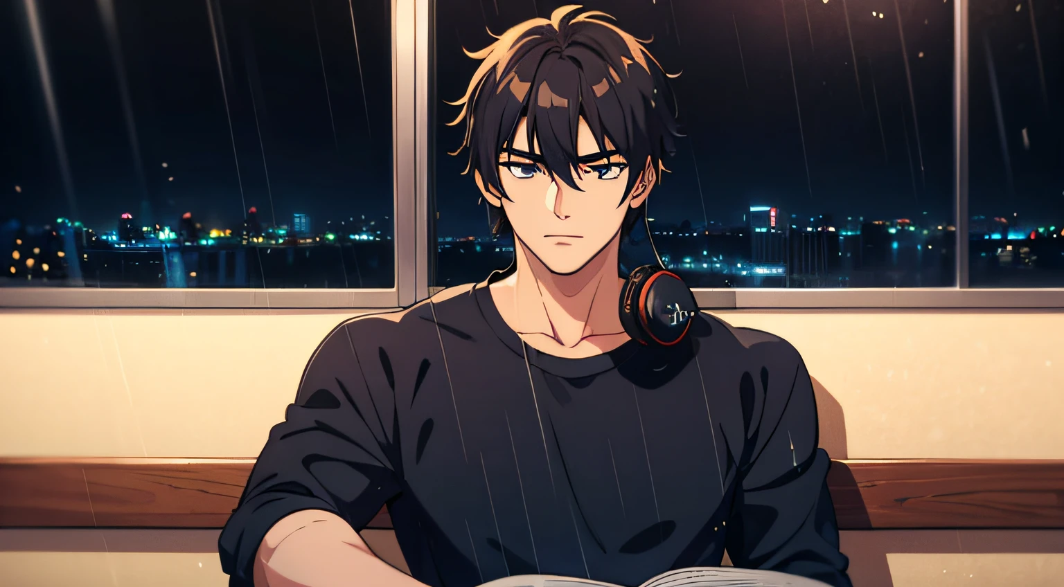 anime style of a  boy , he is listening to music at a cafe he is reading a book, wearing headphone , night, rain, dark, the boy is very handsome, his face has perfect ratio, very short hair, big beautiful yet masculine eyes, he is shy, stunning cafe interior which is very spacious, large window stunning landscape outside, his eyes are on the book.