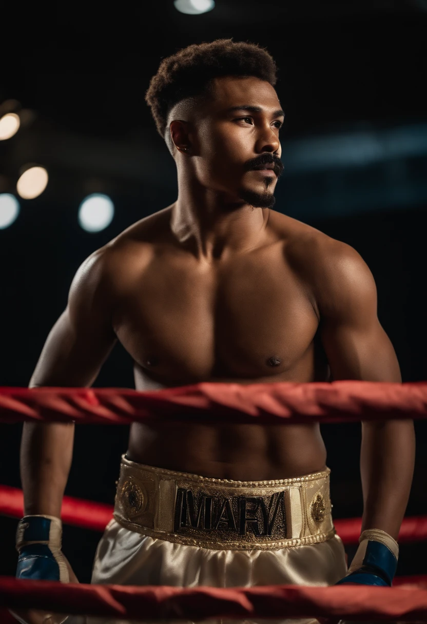 A shirtless 21-year-old man showing strength in muai Thay outfit on top of the ring with a mustache and goatee and with his cornrowed hair tied.