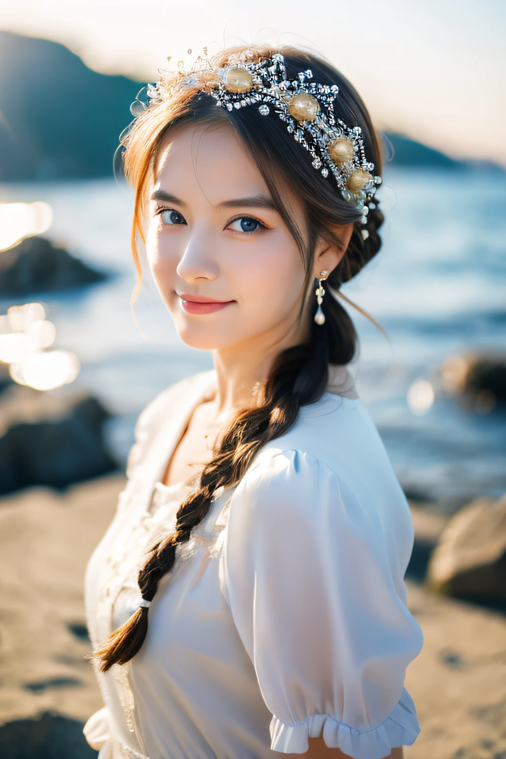 ,((Best Quality))),8K,((masutepiece)),(Very sophisticated、Beautiful fece), There is a girl coming out of the sea, Swan princess in Russian mythology, Beautiful calm face, Blue eyes, Braided long blonde hair, Moon braided hair on the back of the head, White old Russian shiny clothes with a kokoshnik crown on the head, affectionate eyes, Half smile, A gentle look on his face, Seascape and sunlight on background, Seagulls in the sky, full length, Realism