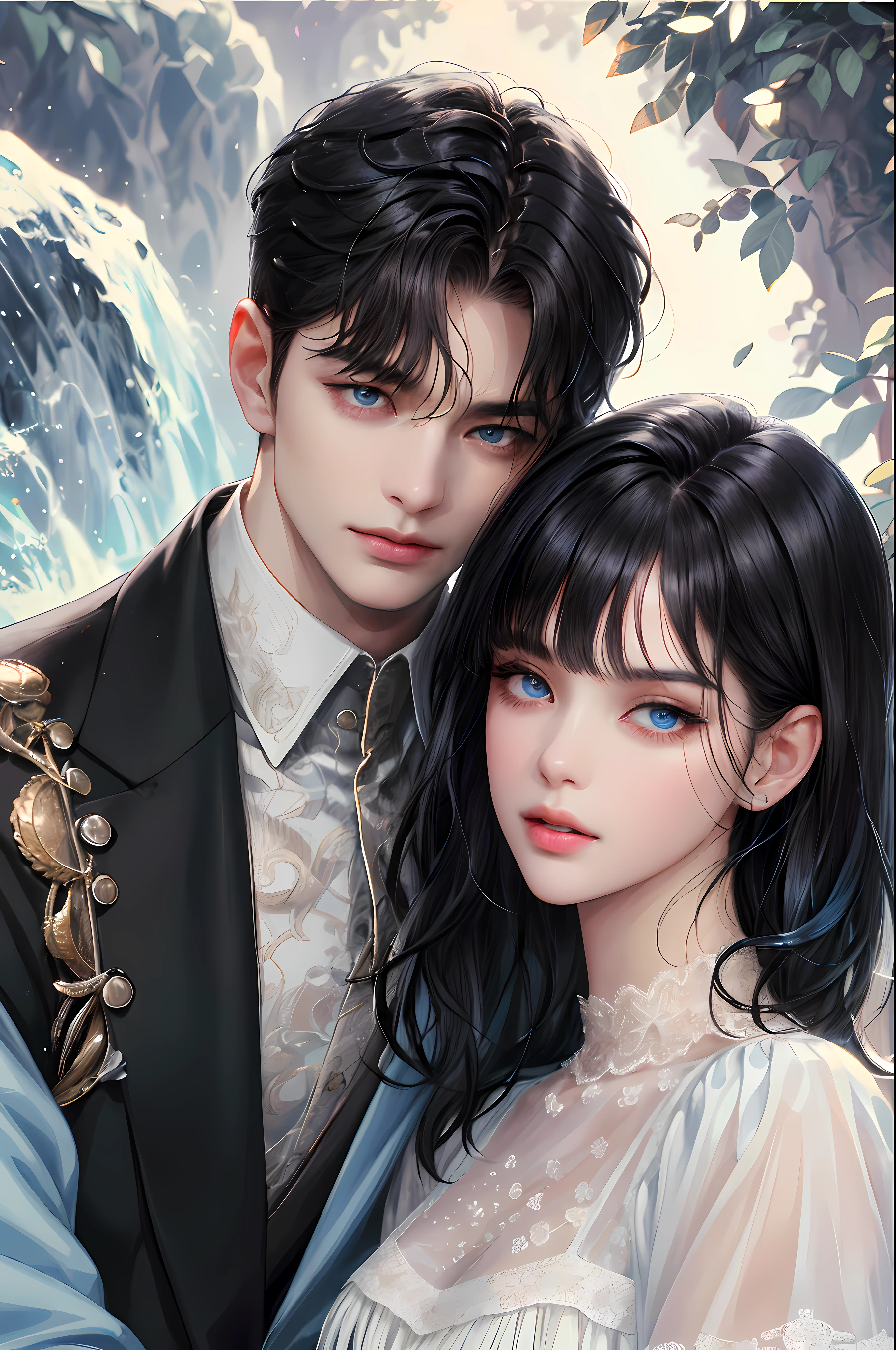 (absurdly , high quality , masterpiece , ultra detailed), ( detailed to hand ) (detailed to eyes) (detailed to face) , couples, 1 man (short black Quiff hair with Soft Fringe, bangs part on side 3:7 ratio) and 1 woman (short black hair with fringe) love ,pretty eyes (blue eyes) , black hair, fantasy, detailed background, soft light