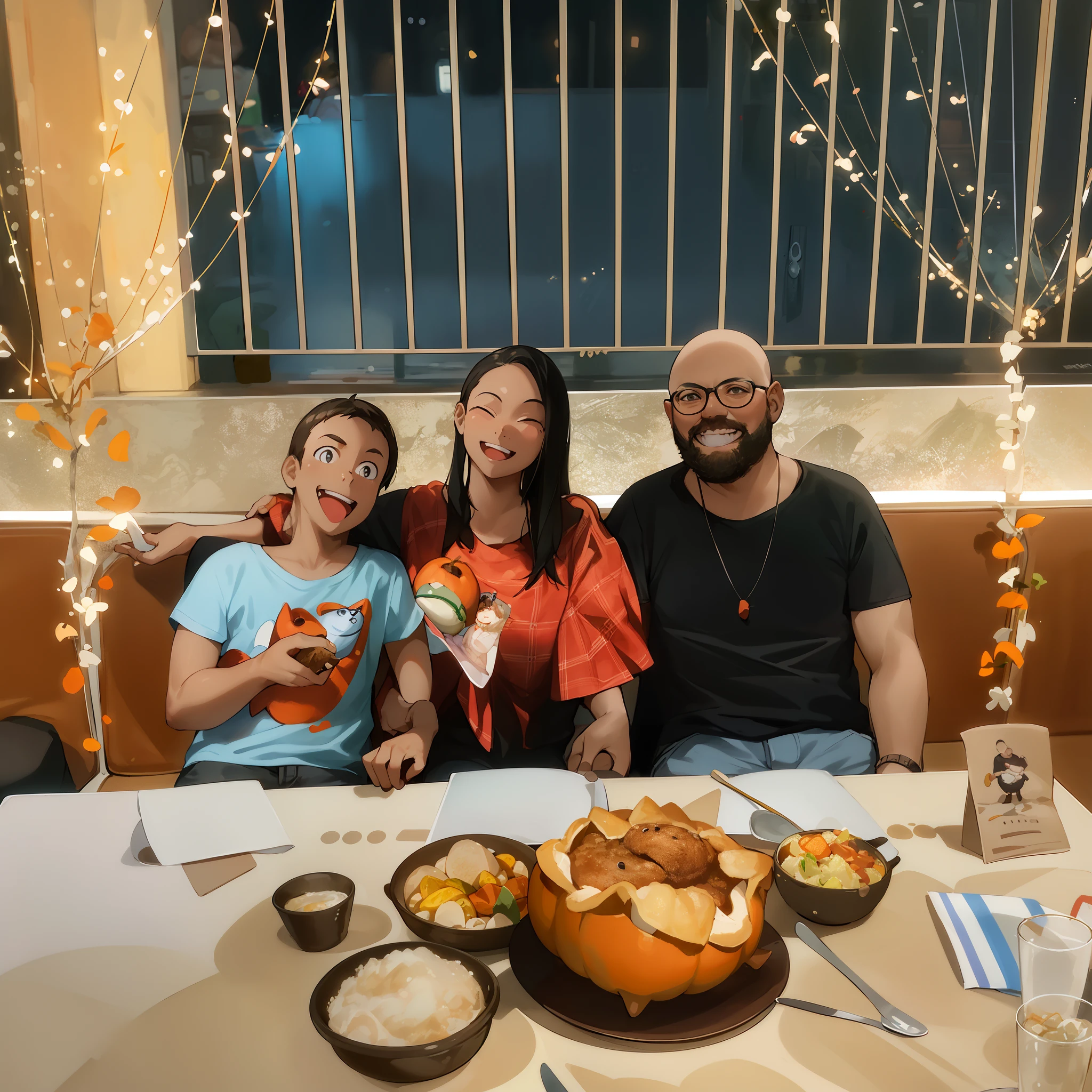 There are two people sitting at a table with a pumpkin, Happy family, family dinner, pixar ar