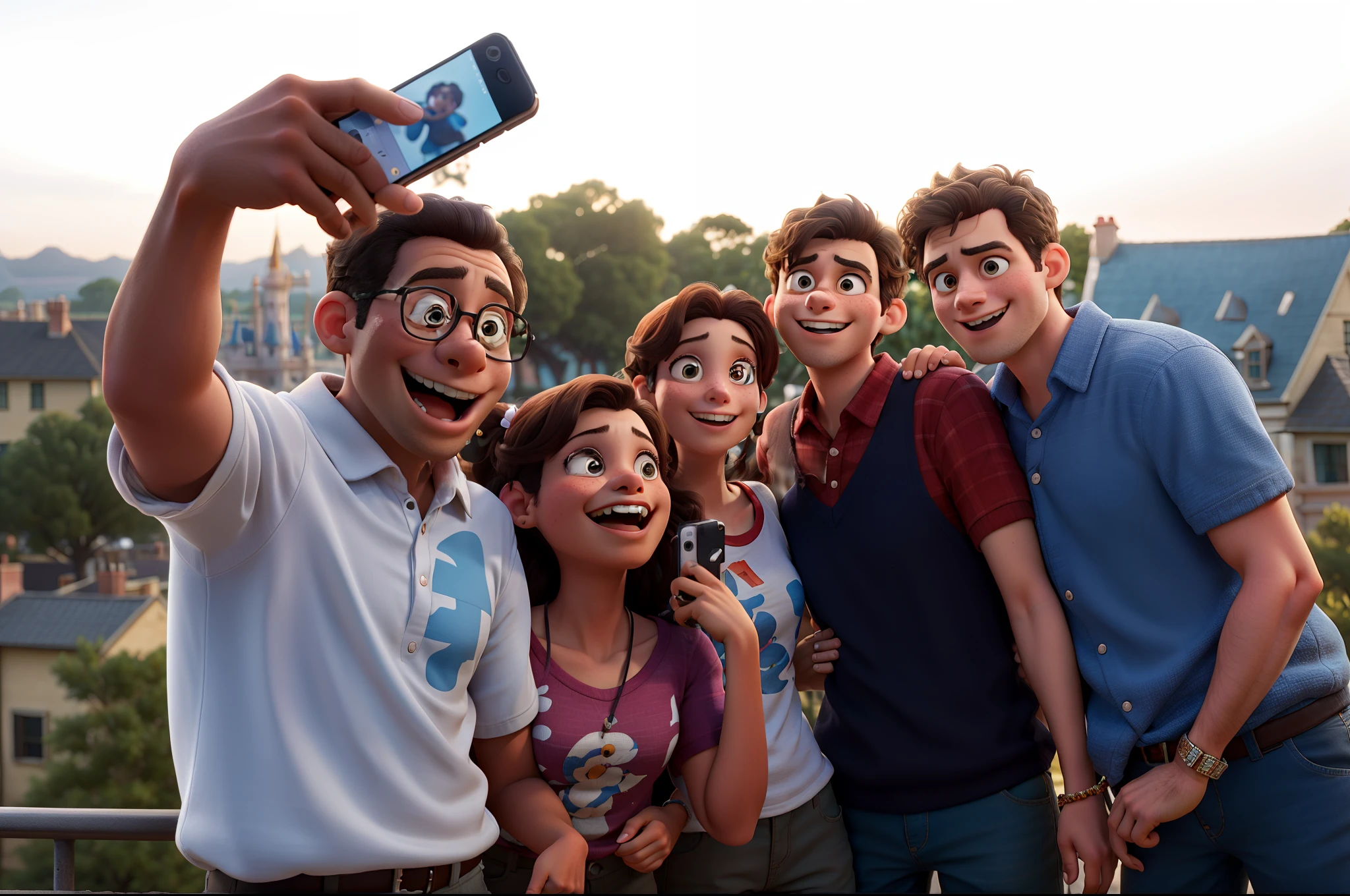 HD, (best detail), (Best quality), Disney, There were four people taking pictures together on the balcony, everyone having fun,