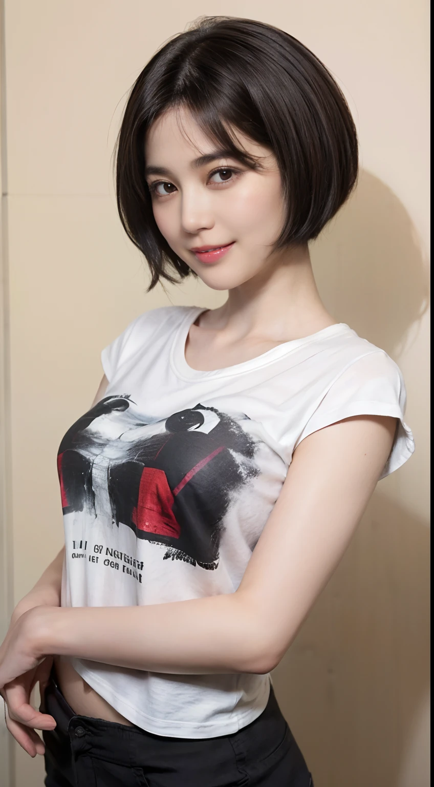 85
(a 20 yo woman,is standing), (A hyper-realistic), (Masterpiece), ((short-hair:1.46)), (Smooth black hair), (breast:1.0), (kindly smile), Wearing shorts, (Wearing a T-shirt with a character design print), (Beautiful skin:1.5)