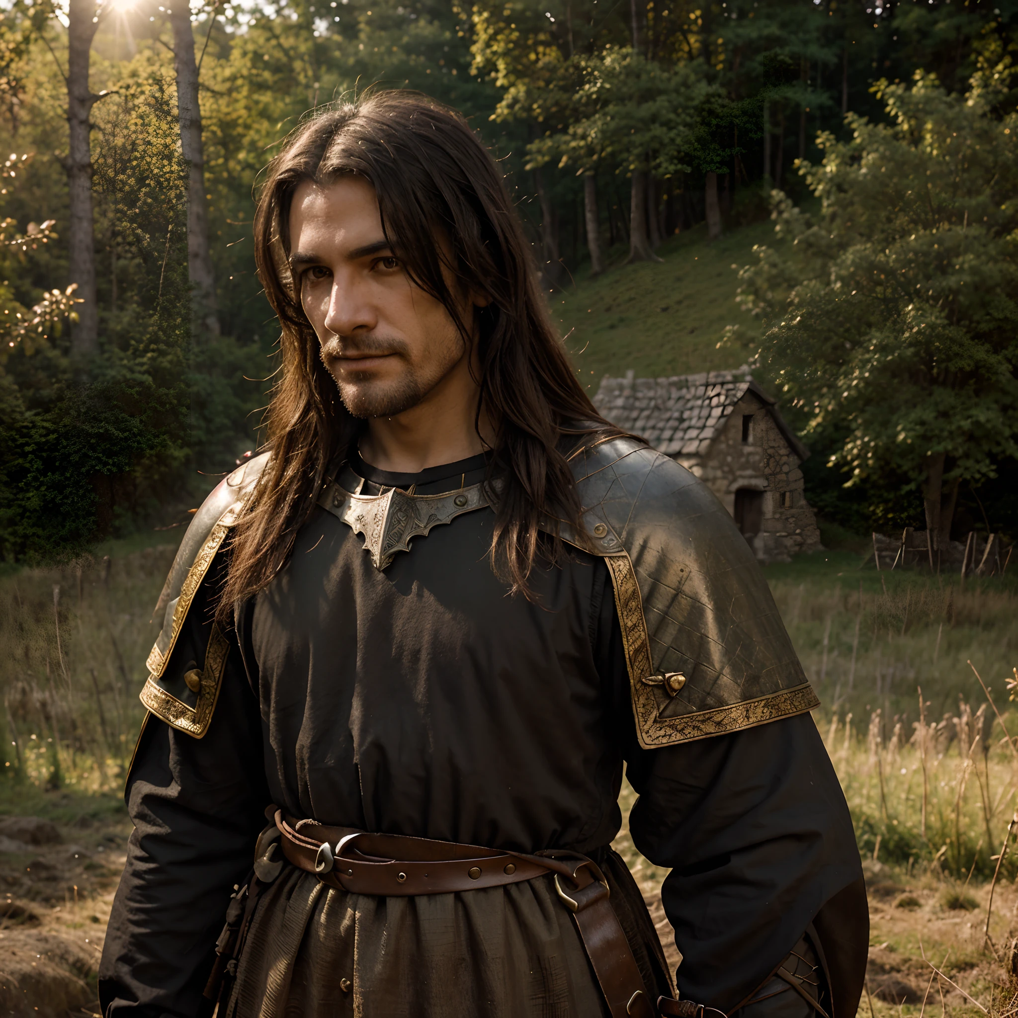 Dark fantasy style and setting, half goat halt man in dark fantasy medieval knight armor, standing on top of a hill, rustic medieval village at the bottom of the hill, setting sun, slight film grain, bloom, light rays from the sun, and a forest behind the man, close up view