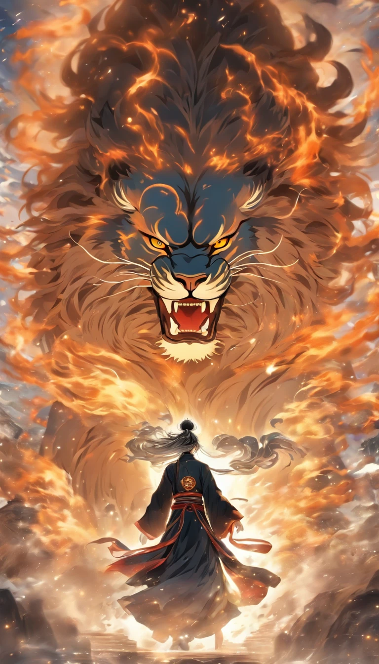 China style，中景 the scene is，The Taoist priest stood in front of a huge transparent lion，reaching out her hands，Long messy hair，Glow effect，Hyper-realistic，Ultra photo realsisim，Chinese black and white ink style，Silver，Decolorization，Smudge，Inky，8K，super-fine，high qulity，OC renderer