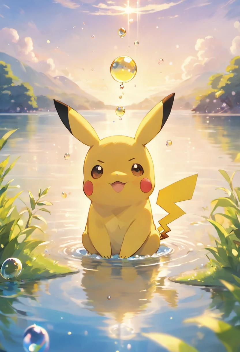 An inspiring scene in ultra-high definition 3D showing Pikachu making a wish on the shore of a tranquil lake. Pikachu, Beautifully rendered down to the smallest detail, Bubbles are seen gently blowing into the air, Each has a hopeful wish. Bubbles capture the reflection of the setting sun, Dreamy creation, magical effect. The overall atmosphere is soft, Full of hope and tranquility