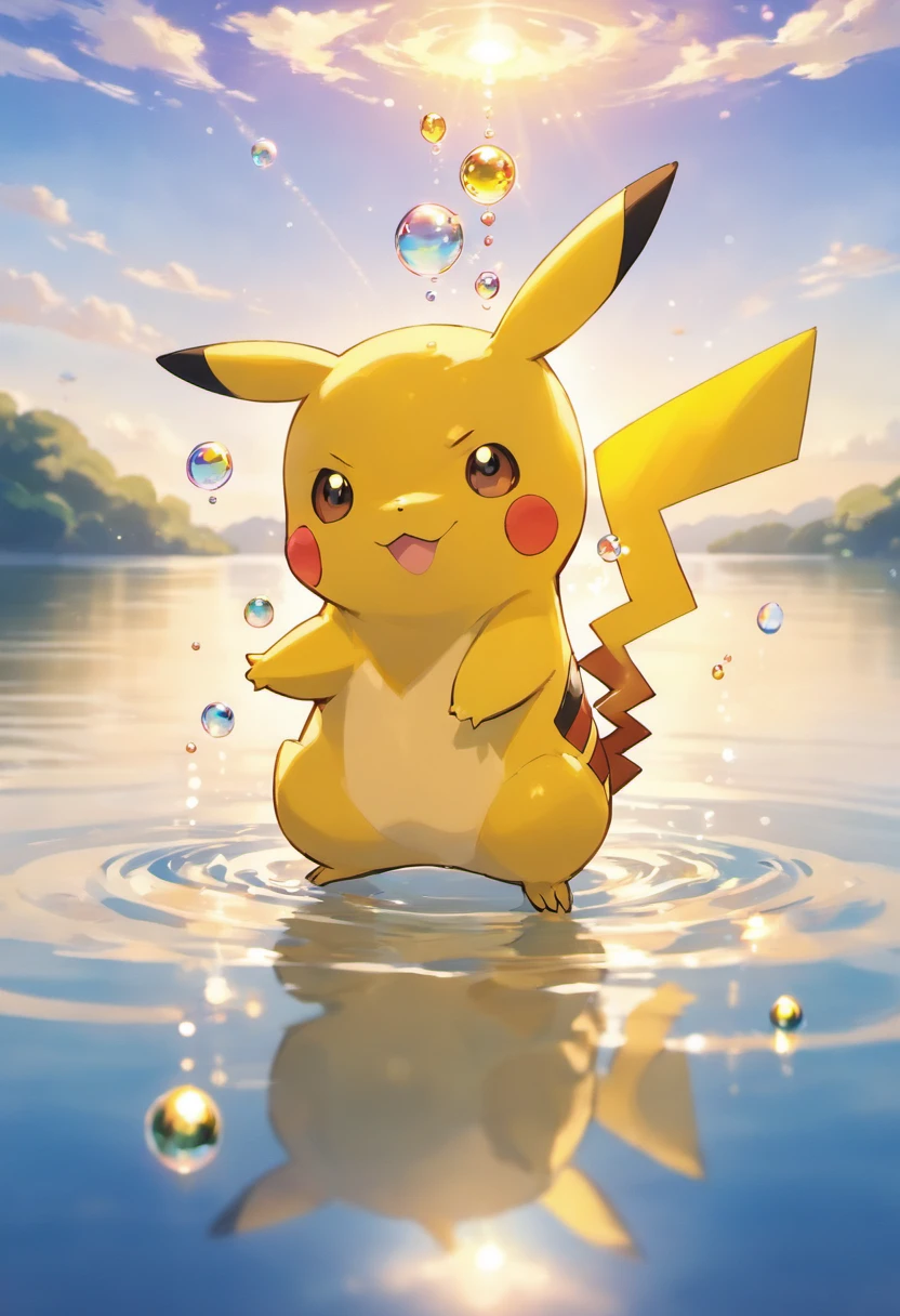 An inspiring scene in ultra-high definition 3D showing Pikachu making a wish on the shore of a tranquil lake. Pikachu, Beautifully rendered down to the smallest detail, Bubbles are seen gently blowing into the air, Each has a hopeful wish. Bubbles capture the reflection of the setting sun, Dreamy creation, magical effect. The overall atmosphere is soft, Full of hope and tranquility