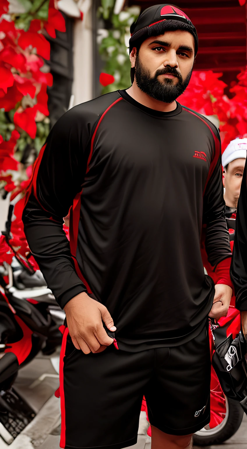 there are two men standing next to each other on the street, black and red only, long sleeves, black and red only!!!, red - black, red shirt, red and black, taken with sony alpha 9, sports clothing, red sport clothing, red and black colors, in red and black, black and red, candid picture, sport clothing