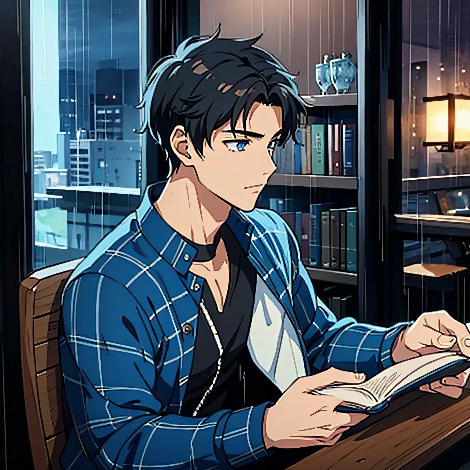 anime style of a 16 year old boy , he is listening to music at a cafe he is reading a book, wearing headphone , night, rain, the light is dark insie the cafe, the boy is very handsome, his face has perfect ratio, very short hair, big beautiful yet masculine eyes, he is shy, stunning cafe interior which is very spacious, large window stunning landscape outside, his eyes are on the book.