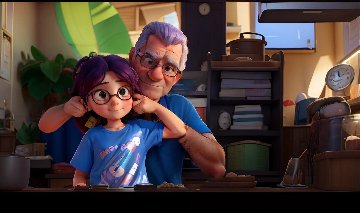 Marina is a 3--old l with pink hair and brown eyes. She's wearing a blue T-shirt and white shorts...... She's hugging her father, um homem alto, nem magro nem gordo, with a shaved head, wearing prescription glasses and a very large beard. Marina's father is a very kind and loving man. He's always there for her, No matter what happens. Marina loves her father very much and is always happy when she is with him. Marina hugs her father tightly and says she loves him. Her father hugs her back and says he loves her very much too.. They hug for a while, apenas curtindo a companhia um do outro. Marina feels safe and loved when she is with her father. Ela sabe que sempre pode contar com ele para tudo. She is so grateful to have such a wonderful father.