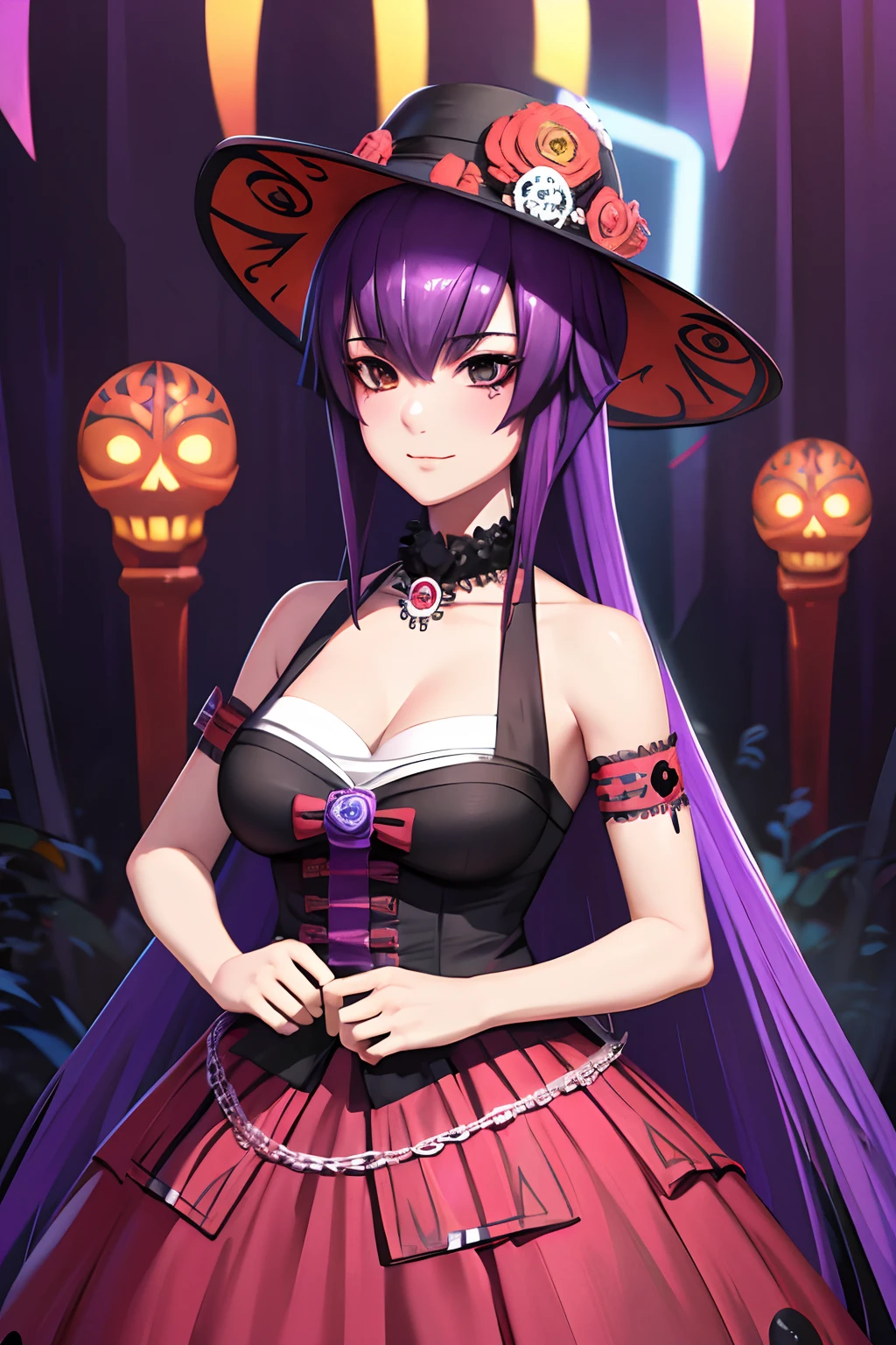 Koubuin Yuuhi vestida como una catrina, Anime girl with long purple hair and skull makeup in front of a background, el dia los muertos!, dia de los muertos. 8 mil, ( el dia los muertos ), ( ( ( el dia los muertos ) ) ), el dia los muertos, dia de los muertos!!, (dia de los muertos), ( dia de los muertos )