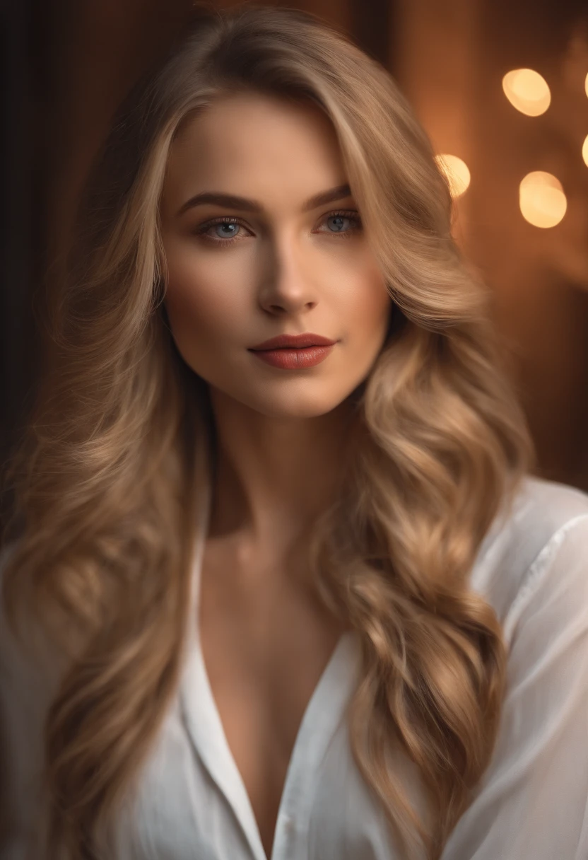 super realistic, Une jeune et belle femme, blonde hair that gently falls in waves up to the shoulders, Altura mediana with big sticking out through a white pajama shirt (safe for work), grands yeux bleu, Peaux claires, Elle est en pyjama, Elle est dans son lit, Faire des soins capillaires avant de se coucher, The environment is illuminated by warm and pleasant colored lights that make your hair shine, Son visage est naturellement serein, lips with red lipstick, Texture 8K, highly detailed, Realstic, soft cinematic light, Hdr, Mise au point nette, шедевр, FotorRealstic, award-winning photograph, Canon EOS R5, 35 mm