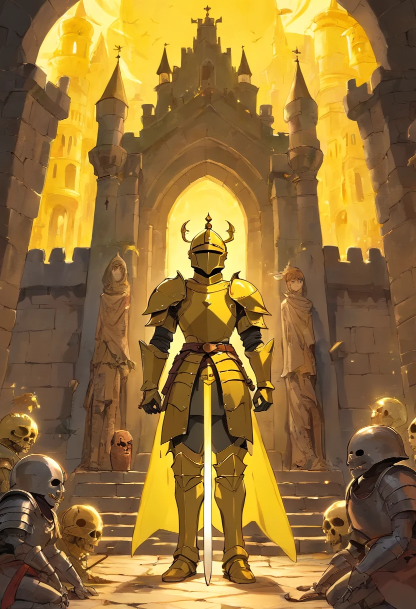 A knight in glowing yellow armor in a castle surrounded by dead bodies