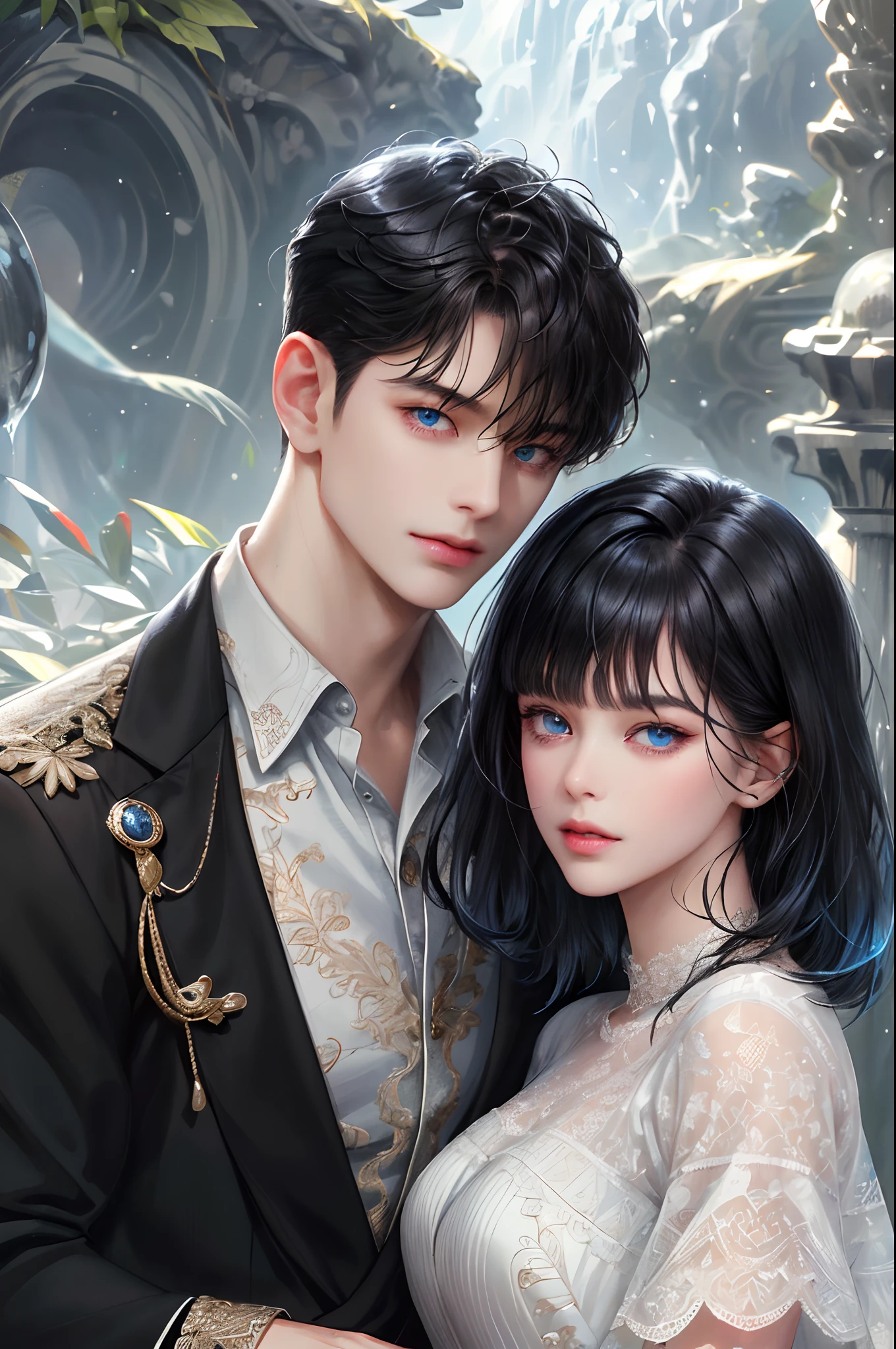 (absurdly , high quality , masterpiece , ultra detailed), ( detailed to hand ) (detailed to eyes) (detailed to face) , couples, 1 man (short black Quiff hair with Soft Fringe, bangs part on side 3:7 ratio) and 1 woman (short black hair with fringe) love ,pretty eyes (blue eyes) , black hair, fantasy, detailed background, soft light