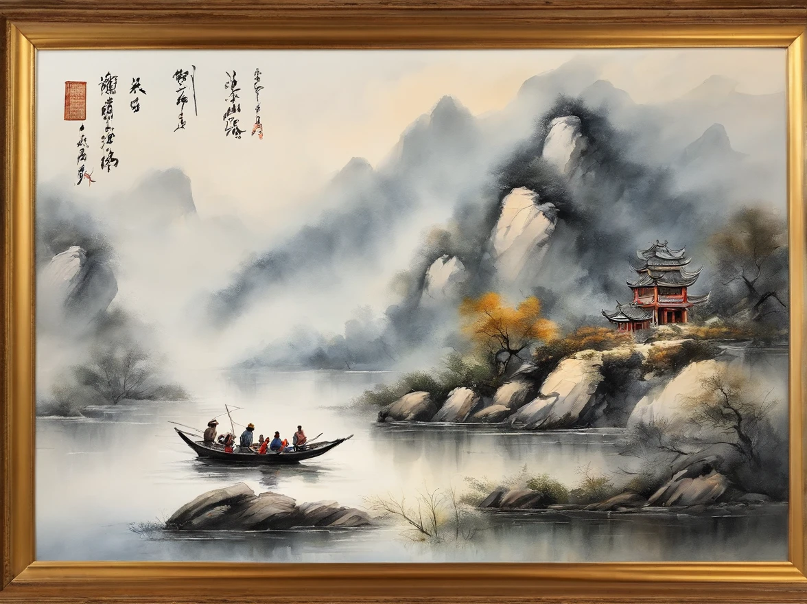 Chinese landscape painting,ink and watercolor painting,water ink,ink,Smudge,Faraway view,Ultra-wide viewing angle,Meticulous,Light boat in the distance,Faraway view,Meticulous,Smudge,low-saturation,Low contrast,The light boat has crossed the Ten Thousand Heavy Mountains,Beautifully depicted,A detailed,acurate,Works of masters,tmasterpiece
