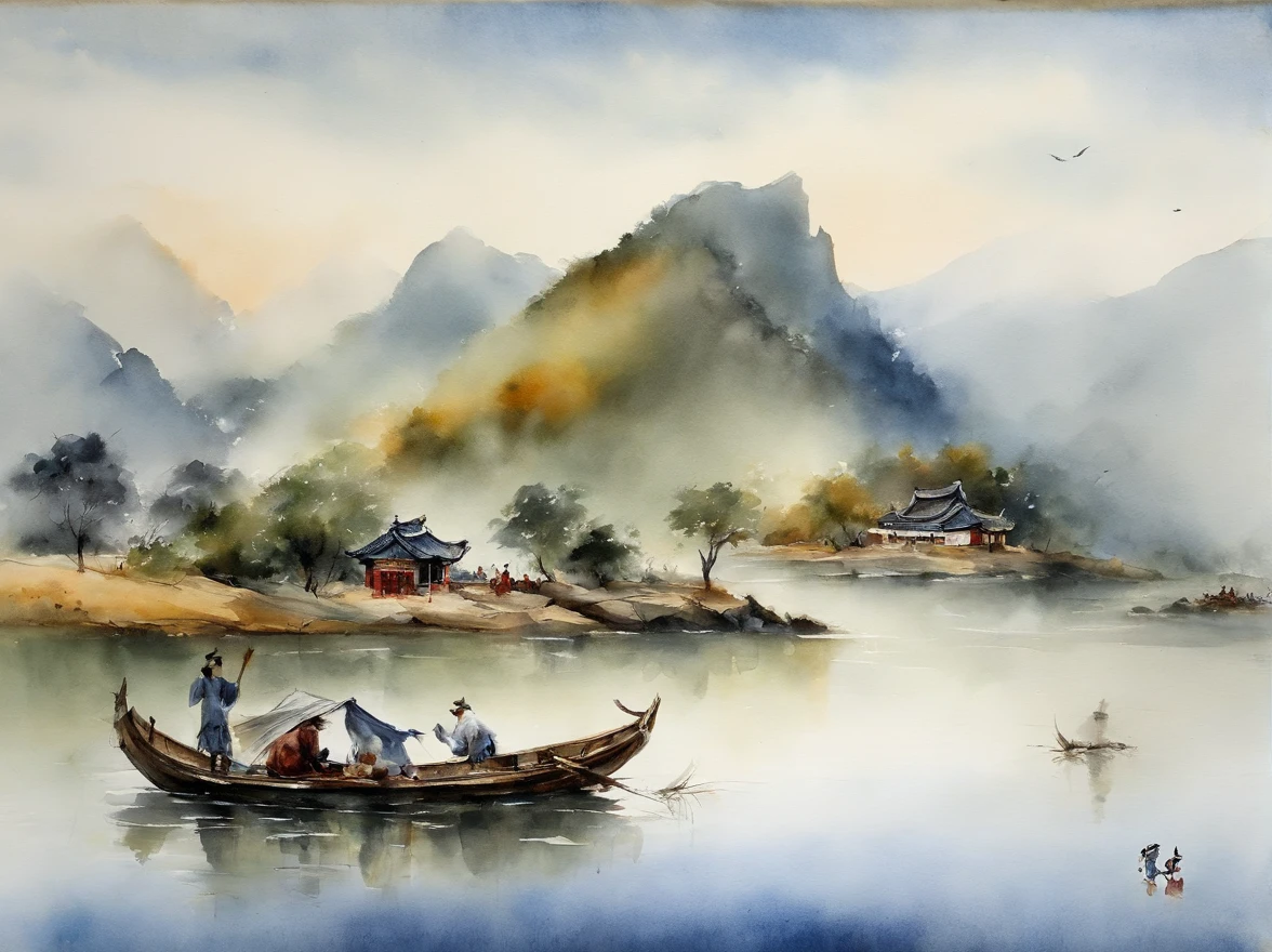 Chinese landscape painting,ink and watercolor painting,water ink,ink,Smudge,Faraway view,Ultra-wide viewing angle,Meticulous,Light boat in the distance,Faraway view,Meticulous,Smudge,low-saturation,Low contrast,The light boat has crossed the Ten Thousand Heavy Mountains,Beautifully depicted,A detailed,acurate,Works of masters,tmasterpiece