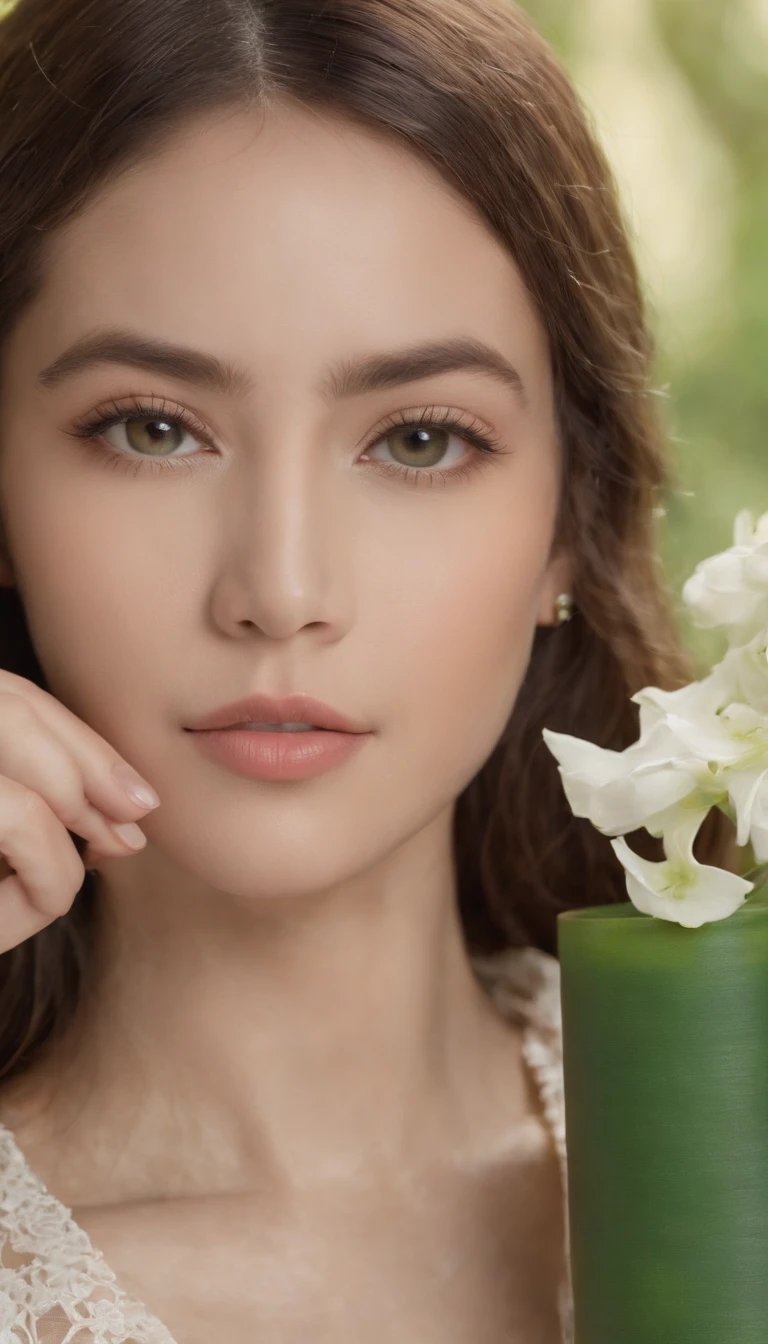 mito,dinheiro,Kebaya,ouro,rolar,batik,Mangas, tesouro,universo, Face the camera, sorrir, Menina de 19 anos, menina bonito, Beautiful girl, Indonesian model, White and healthy skin, Olhos Delicados, cabelo amarrado, Ethnic Earrings, tiara flor, foto de corpo inteiro, realistic hands, dedos realistas, detailed hands, dedos detalhados, (corpo sexy:1.2), (cintura fina:1.2), Product Photo Essay, Holding a Green Tube Beauty Serum.
