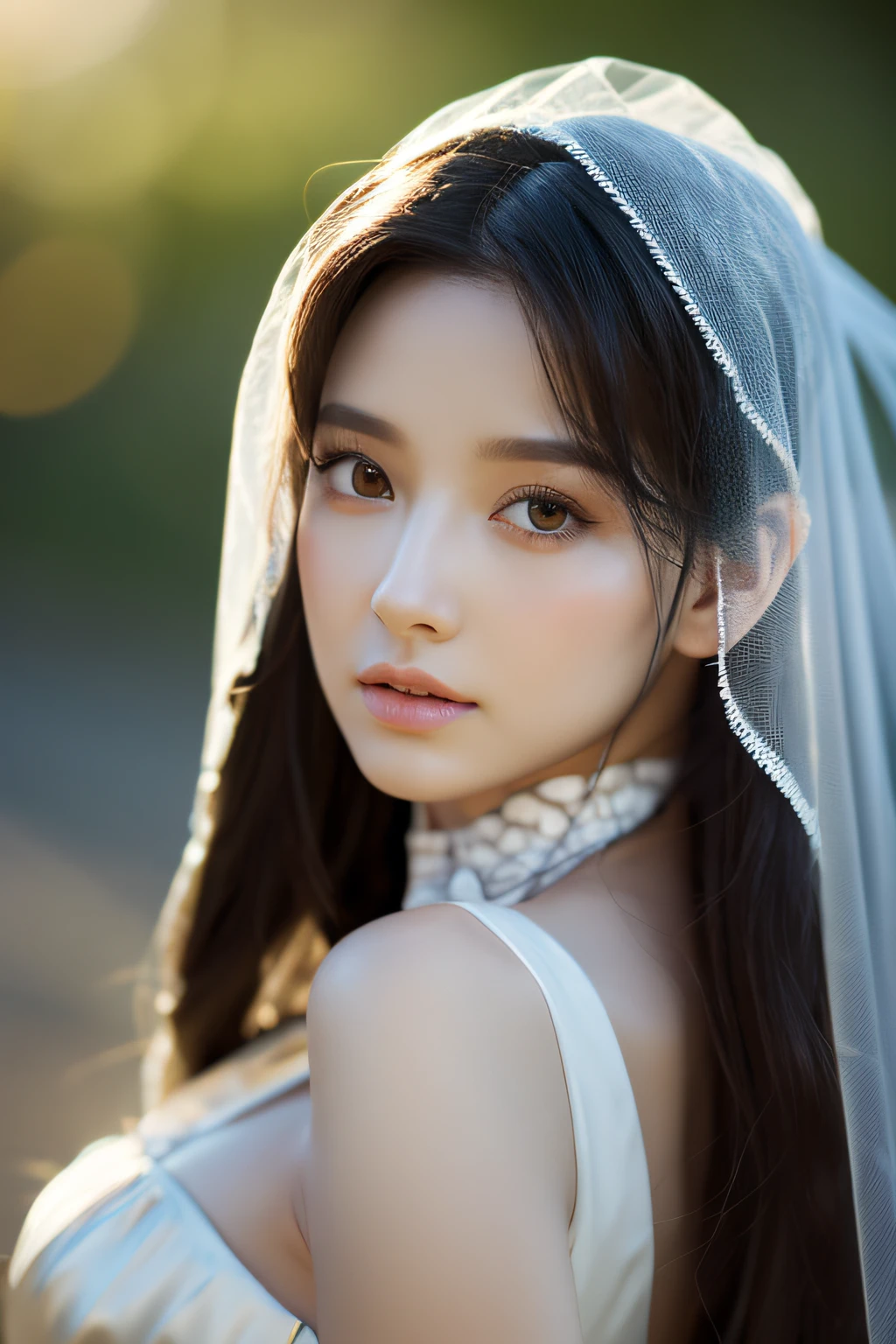 sakimiChanStyle, WLOP style, Portrait, finerly detailed face, Beautiful woman, Plump lips, Opaque veil, Medieval veil, Headrails, 12th century, Heterochromia eyes, Iridescent eyes, medieval clothing, Briaux, Lord of the Rings Gown, close to perfection, beautiful anime style, Character Panorama, Clean and detailed face, Glowing shadows, beautiful gradients, depth of fields, Clean graphics, High quality, high detailing, High Definition, Luminous Studio graphics engine