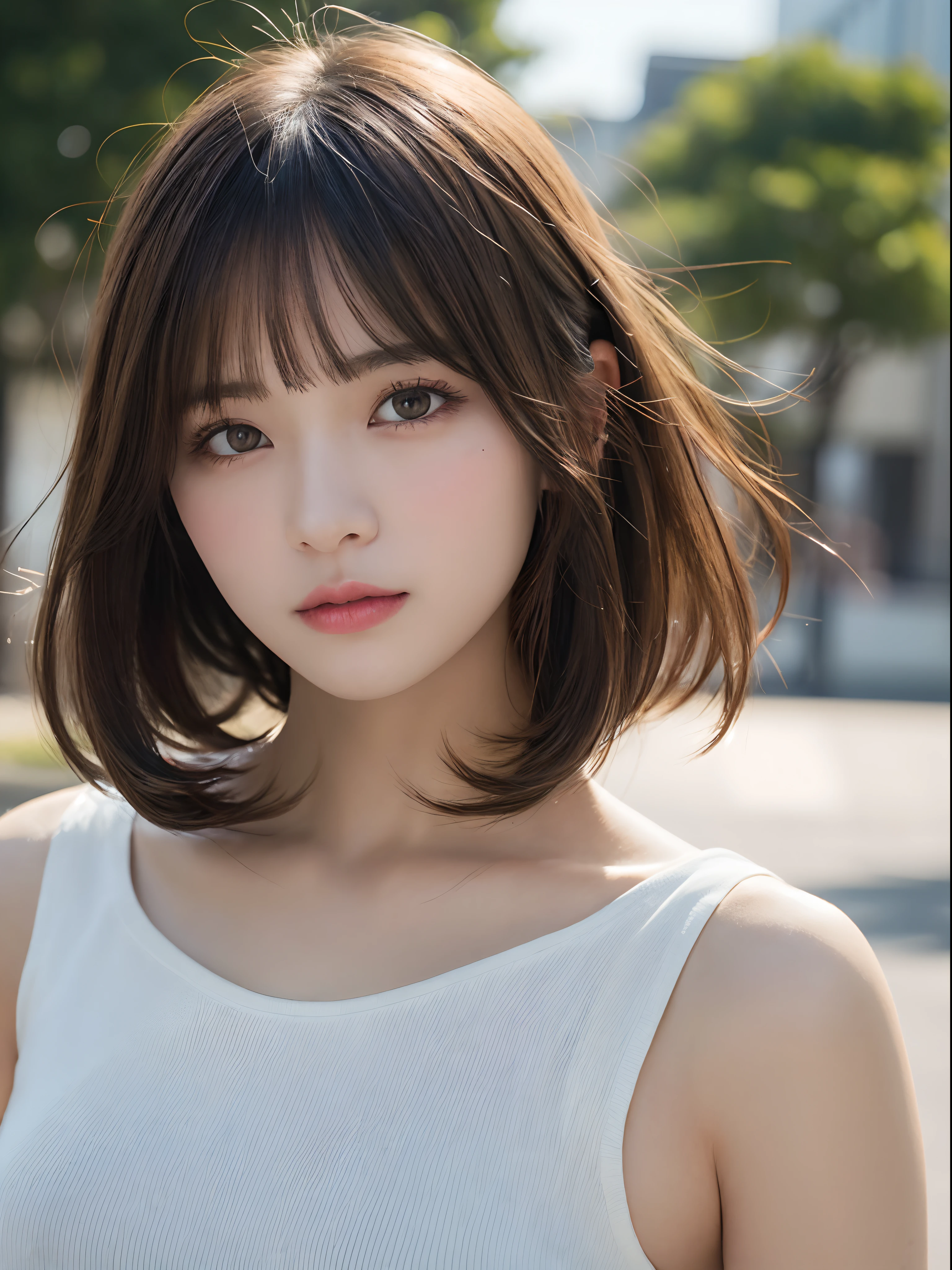 Sexy Big 、Sexy cute looks and cute 15 year old beautiful girl, beautiful and sexy face、A strong wind blows my hair in front of my face、With short blonde hair、beautiful, Cute and sexy eyes hidden behind long bangs。