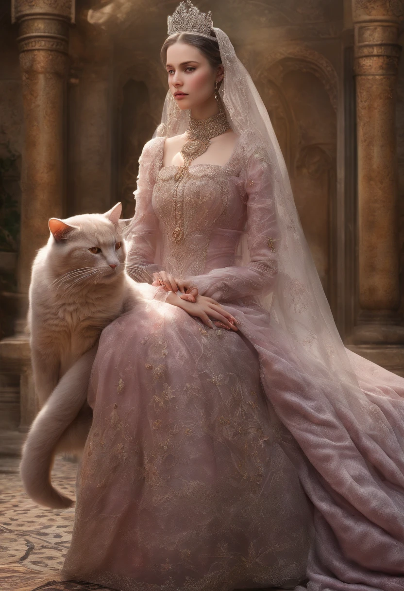 Photographic still of an Islamic princess, translucent skin,veins showing beneath it's skin, dark, onimous, extremely gorgeous, cats eye, pale pinkinsh skin, bloodlust, Ottoman Empire Era, forbidden Beauty, walking with her Pet kittens and Peacock in her Islamic Castle ’s garden and sits net to a marble water fountain which cause sprinkled on her pinkish cheeks, wearing long and huge transparent skin-tight princess outwear her gorgeous maids are standing in the back,