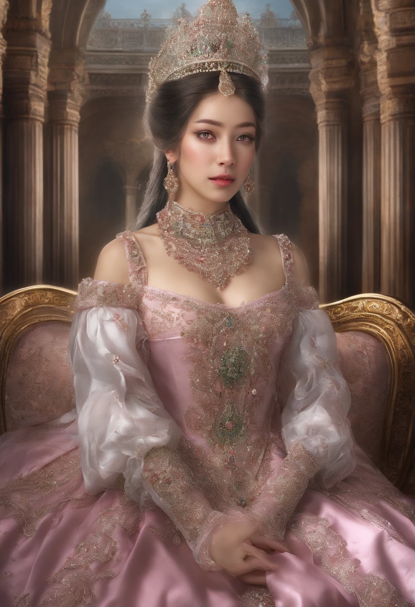 Photographic still of an Islamic princess, translucent skin,veins showing beneath it's skin, dark, onimous, extremely gorgeous, cats eye, pale pinkinsh skin, bloodlust, Ottoman Empire Era, forbidden Beauty, walking with her Pet kittens and Peacock in her Islamic Castle ’s garden and sits net to a marble water fountain which cause sprinkled on her pinkish cheeks, wearing long and huge transparent skin-tight princess outwear her gorgeous maids are standing in the back,