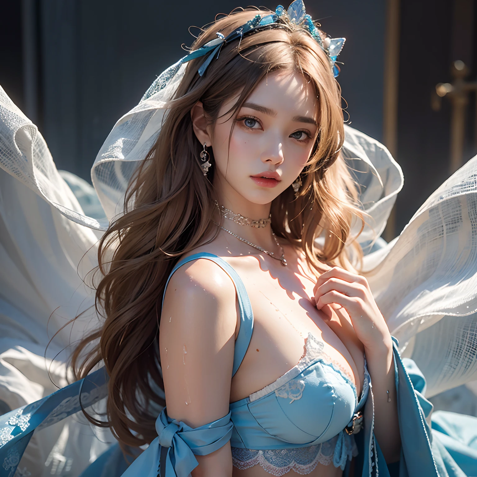 masterpiece,Highest image quality,Super details,best quality ,extremely delicate and beautiful, Very detailed,best quality, official art, Extremely detailed CG unified 8k wallpaper, Ana de Armas portrait photo, Blonde hair with black pupils,shiny skin, (beautiful eyes:1.1), beautiful skin, big watery eyes,(detailed lighting:1.2), (Beautiful and detailed light:1.3), Ice Blue Water Foam Galaxy Starburst Fairy Color Mint Skirt,beautiful breast balls, The most perfect breast ball shape,firm breast balls,Deep cleavage,Naked of breast,complex, digital drawing, Smooth, sharp focus, end of the world, epic reality, (high dynamic range:1.4), (pastel colors:1.4), Revelation,Bright colors, night, screen space refraction, (intricate details, Super detailed:1.3), art station, lens, vignette, complex background, buliding,Beautiful smile,The most beautiful look,Detailed moon background,Dreamcatcher earrings,The best look,Beautiful intricate necklace,