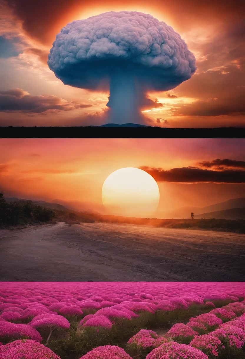 Top image quality，Ultra HD Pictures refer to the best existing visuals for the feel of a hydrogen bomb explosion mushroom cloud picture movie poster（Refer to the former Soviet Union（Tsar Bomba）（Big Ivan）Hydrogen bomb explosion mushroom cloud picture or video）Extremely large and extremely empty Great Plains, extremely huge visuals, super shocking pink candy-colored mushroom clouds，The visuals should be both shocking and sweet。There is no sense of horror，The whole picture is a world of colorful candy colors，Beautiful pink，The background is the blue color of the South Coast，Extremely beautiful realistic scenes are super forceful。What a super grand hydrogen bomb explosion scene，The brilliant colors are like a fairy tale。The whole is in the style of a movie poster