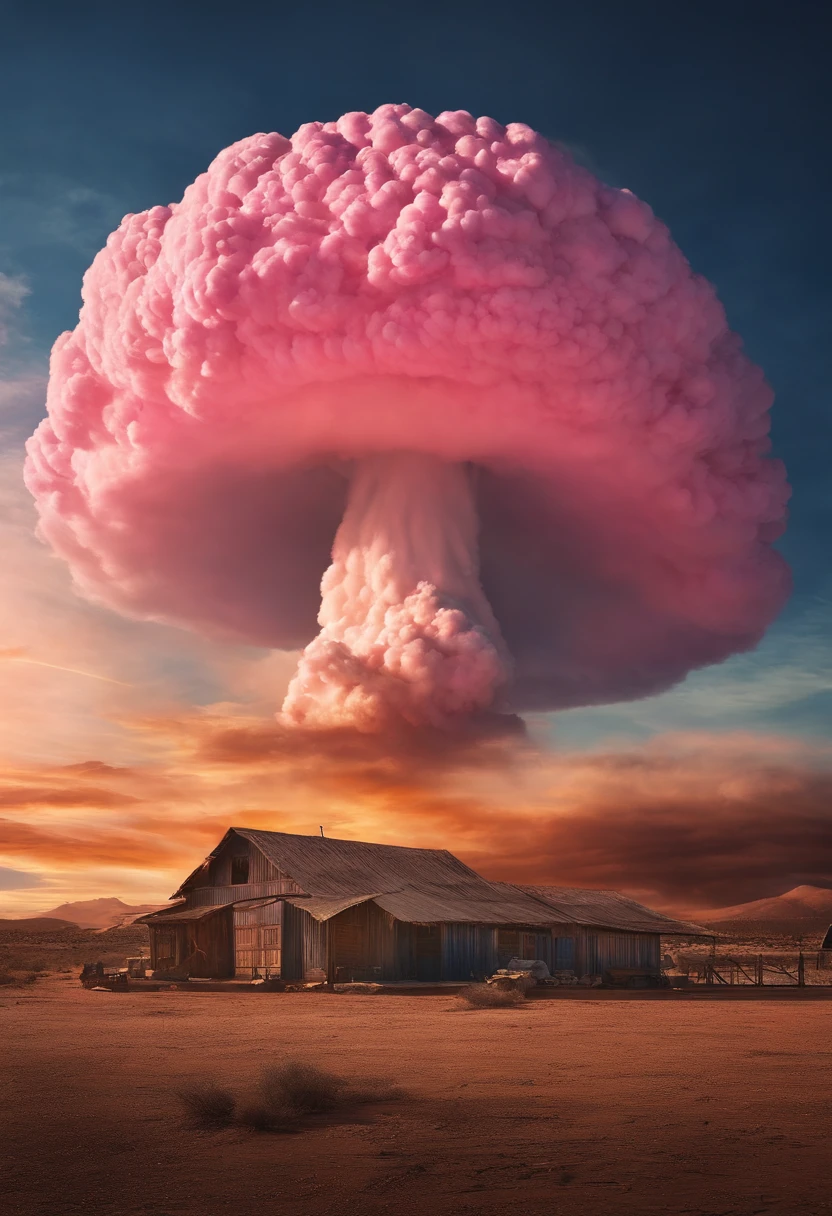Top image quality,Ultra HD Pictures refer to the best existing visuals for the feel of a hydrogen bomb explosion mushroom cloud picture movie poster(Refer to the former Soviet Union(Tsar Bomba)(Big Ivan)Hydrogen bomb explosion mushroom cloud picture or video)Extremely large and extremely empty Great Plains, extremely huge visuals, super shocking pink candy-colored mushroom clouds,The visuals should be both shocking and sweet。There is no sense of horror,The whole picture is a world of colorful candy colors,Beautiful pink,The background is the blue color of the South Coast,Extremely beautiful realistic scenes are super forceful。What a super grand hydrogen bomb explosion scene,The brilliant colors are like a fairy tale。The whole is in the style of a movie poster