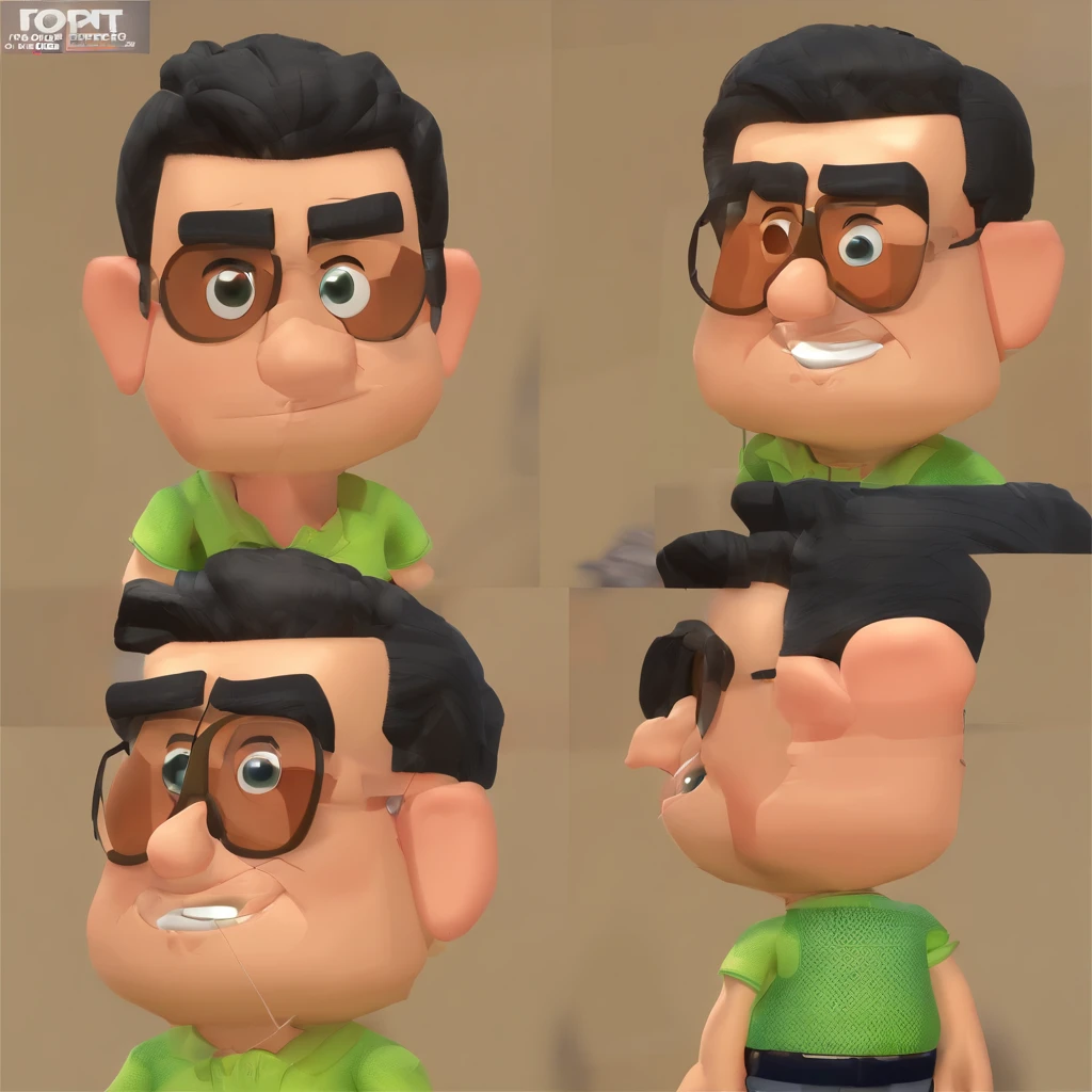 Criar um personagem no estilo Pixar. Trata-se de um homem de 50 anos, com barba, cherokee, com cabelos castanhos curtos e um quiff, e olhos castanhos. Ele deve estar na frente de um computador, Trabalhar como designer