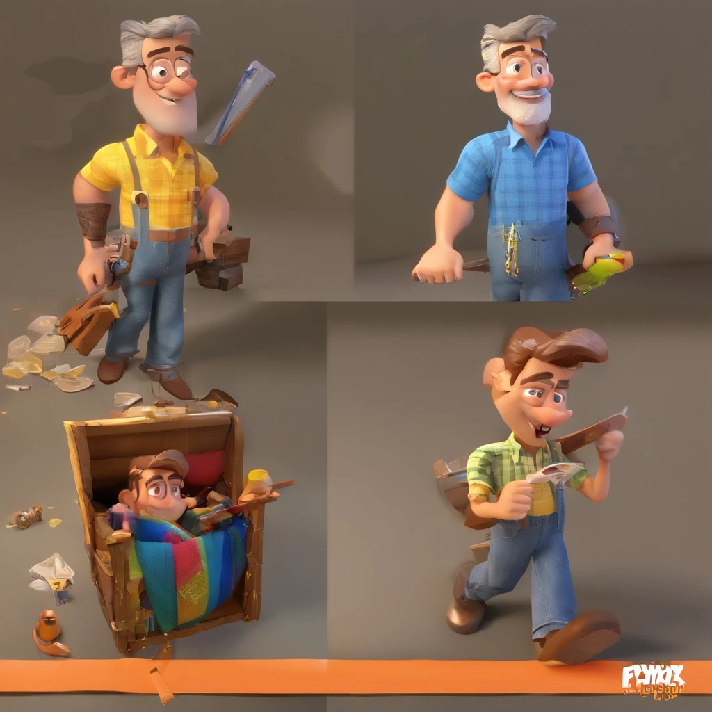 Criar um personagem no estilo Pixar. Trata-se de um homem de 50 anos, com barba, cherokee, com cabelos castanhos curtos e um quiff, e olhos castanhos. Ele deve estar na frente de um computador, Trabalhar como designer