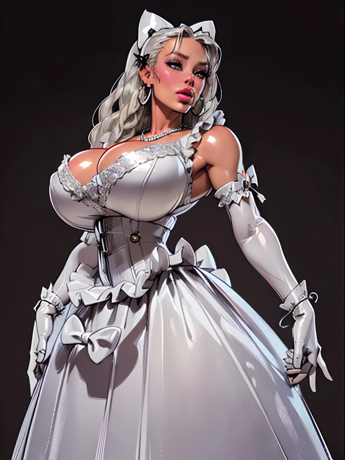 ((Cyberpunk background:1.1) John Tenniel art, frustrated Ariana Grande, (pale skin:1.4) silver hair, curls, wearing a stately and elaborate trixie ballgown of silver satin and silver adorned with large satin, silver futuristic ballroom gown, cybernetic mech enhancements , (((huge silver ribbon bows))), silver rosebuds, silver embroidery and jewels, (gigantic breasts:1.3) with (((enormous sulver puffed sleeves))), an hourglass waist, and a (((flat crinoline silver hoopskirt))), (((bustle))), long silver gloves, adorned with intricate metallic details, pearl and diamond necklace and earrings, large elaborately curled and styled hair