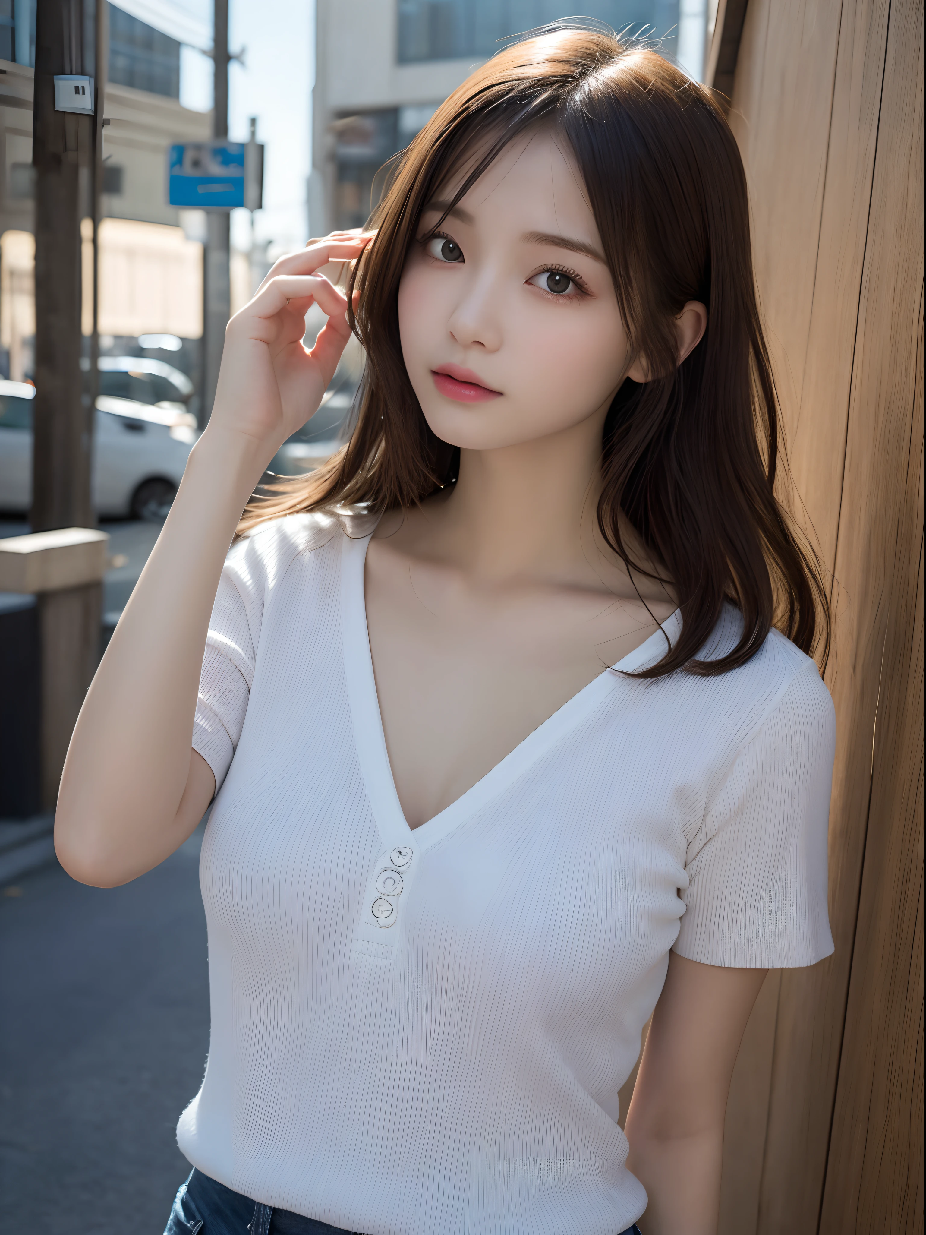 (8K,Raw photo、Raw photo、top-quality、Master masterpiece:1.2)、ultra-detailliert、Super Resolution、(Photorealsitic:1.3)、Angle to shoot from the front、Clearly draw shades of light、high resolution RAW color photos、professional photograpy、Same skin type as humans、Female proofreading of Japan from head to knee、Blur the background、Draws faithfully to anatomy、cafes、Very detailed and beautiful、Ultra-high image quality、long、Hair swaying and sexy、Very detailed beautiful girl、(Pink Eye Shadow)、smil、Plain clothe、The upper part of the body、Park on a sunny day、Loosely curly hair、turned around、耳Nipple Ring、a necklace、Raking up your hair、tilt your head、the pose、
