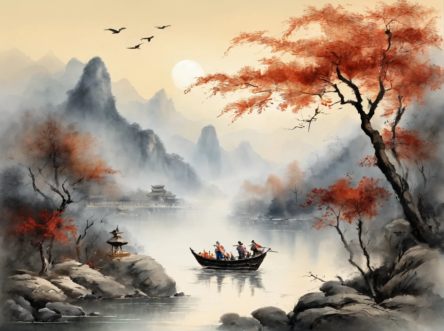 Chinese landscape painting,ink and watercolor painting,water ink,ink,Smudge,Faraway view,Ultra-wide viewing angle,Meticulous,Light boat in the distance,Faraway view,Meticulous,Smudge,low-saturation,Low contrast,The light boat has crossed the Ten Thousand Heavy Mountains,Beautifully depicted,A detailed,acurate,Works of masters,tmasterpiece