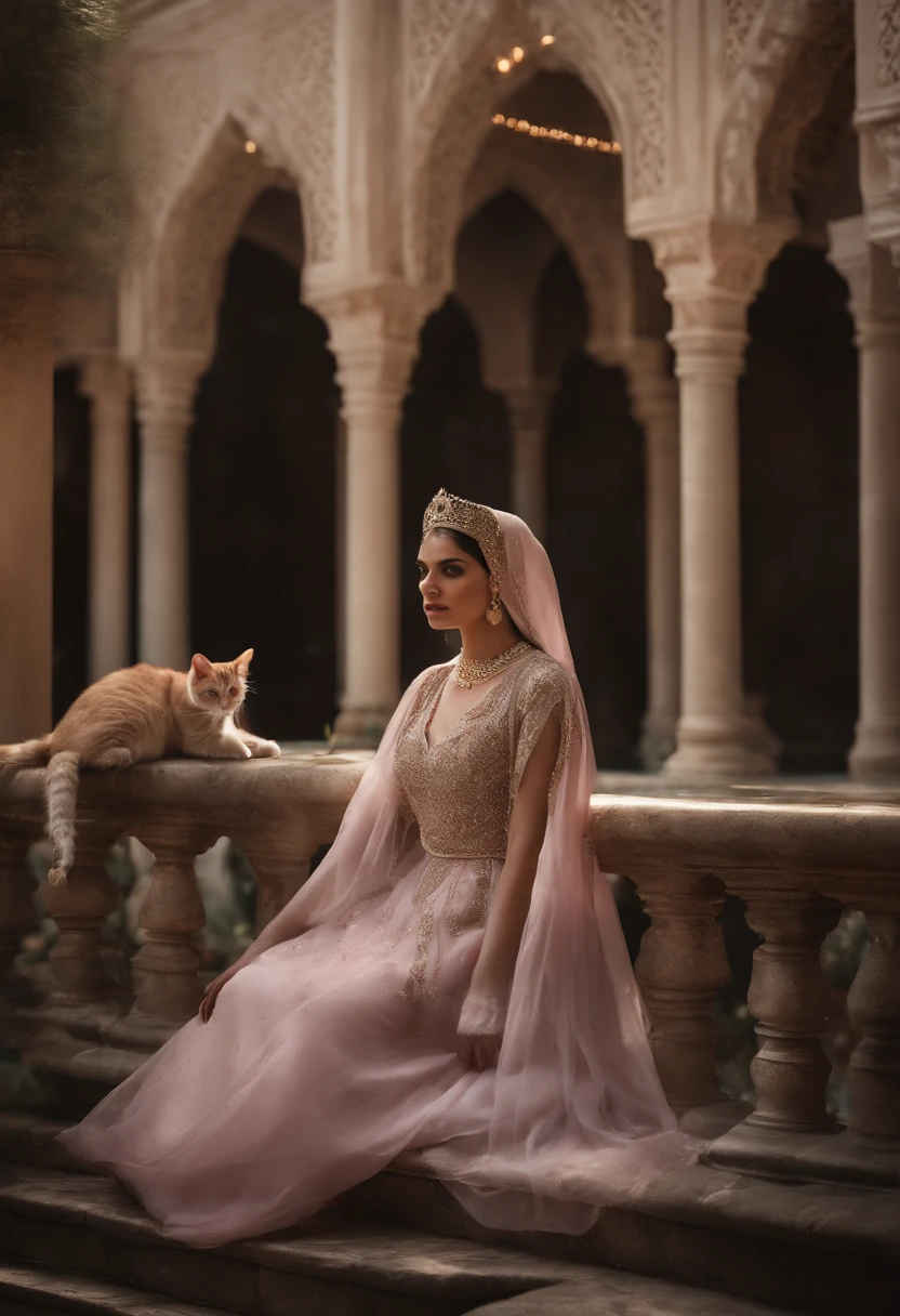 Photographic still of an Islamic princess, translucent skin,veins showing beneath it's skin, dark, onimous, extremely gorgeous, cats eye, pale pinkinsh skin, bloodlust, Ottoman Empire Era, forbidden Beauty, walking with her Pet kittens and Peacock in her Islamic Castle ’s garden and sits net to a marble water fountain which cause sprinkled on her pinkish cheeks, wearing long and huge transparent skin-tight princess outwear her gorgeous maids are standing in the back,