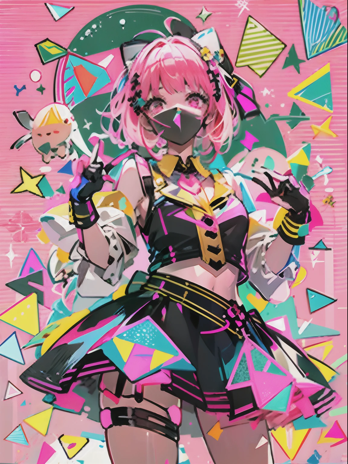 kpop girl with short nice fadecut pink hair, colorful glowing gass mask, lots of shapes attatched everywhere, random shapes mostly triangle, yellow skirt with polcadots, red gloves, and an 2 antena headband