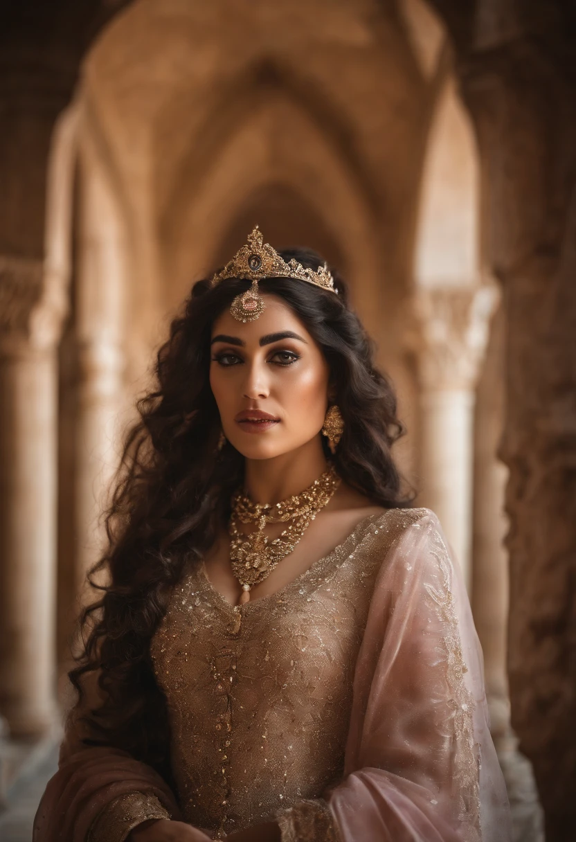 Photographic still of an Islamic princess, translucent skin,veins showing beneath it's skin, dark, onimous, extremely gorgeous, cats eye, pale pinkinsh skin, bloodlust, Ottoman Empire Era, forbidden Beauty, walking with her Pet kittens and Peacock in her Islamic Castle ’s garden and sits net to a marble water fountain which cause sprinkled on her pinkish cheeks, wearing long and huge transparent skin-tight princess outwear her gorgeous maids are standing in the back,