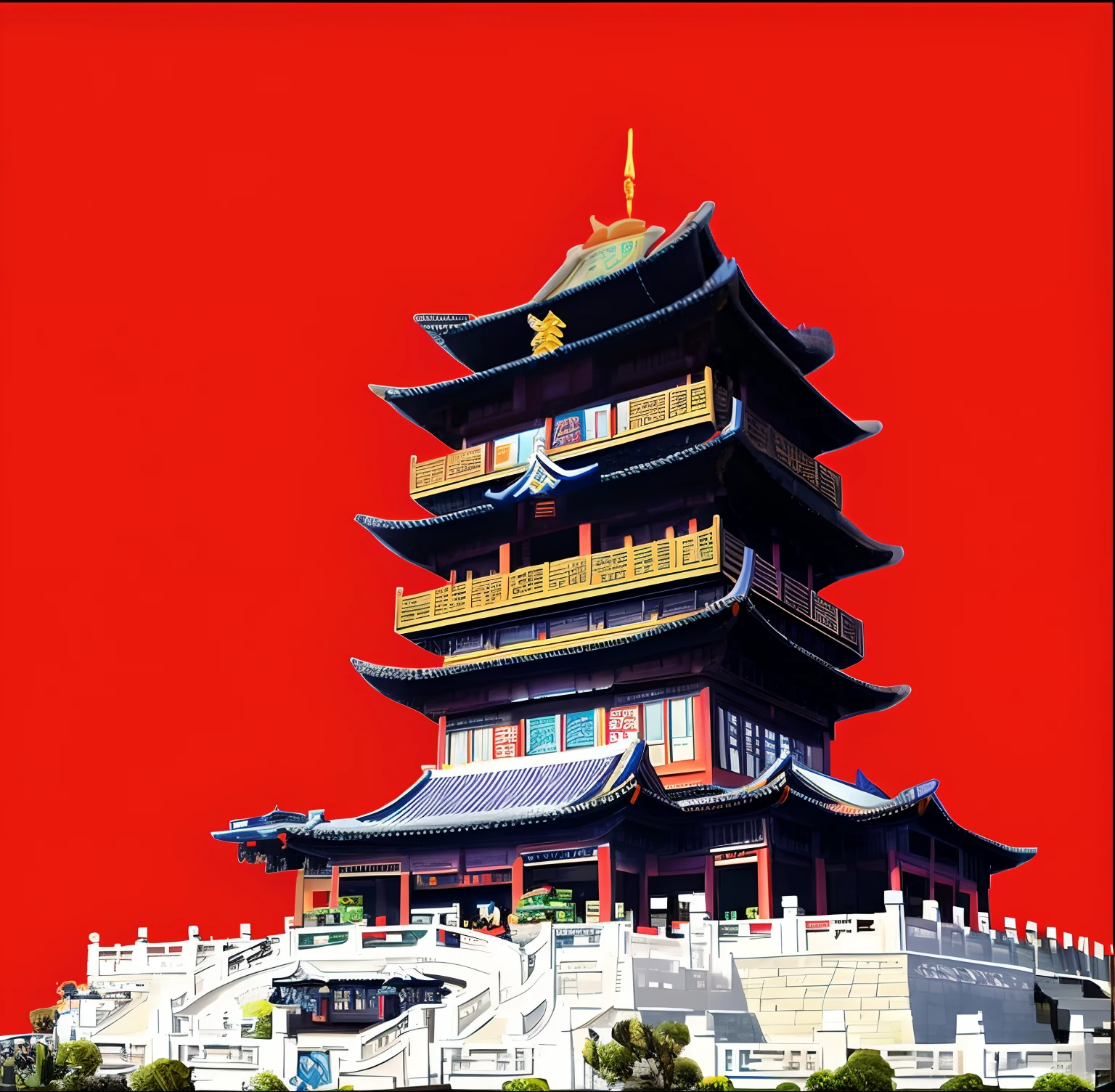 Arafi image of a pagoda with a blue sky in the background, Chinese style buildings, ancien chinese tower, Ancient Chinese architecture, Chinese architecture, digital painting of a pagoda, pagoda, guangjian, Chinese tradition, Inspired by Yang Buzhi, Chinese palaces, The temple of truth is white, Tang Dynasty Palace, dreamland of chinese, preserved historical，AI vector cartoon diagram、