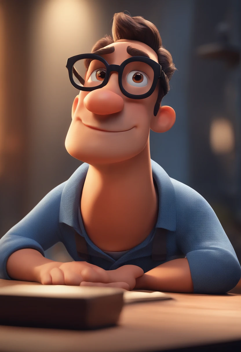 Cartoon character of a man with black glasses and a blue shirt, animation character, Caractere estilizado, animation style rendering, 3D estilizado, Arnold Maya render, 3 d render stylized, toon render keyshot, Personagem 3D, Personagem 3D, 3d rendering stylized, 3 d character render, personagem de desenho animado, Personagem de close up, Pose de personagem, (Estilo Pixar) (master part:1.2) (Bokeh) (best quality) (pele detalhada) (textura detalhada) (8k) (argila) (Cinematic lighting) (foco nítido