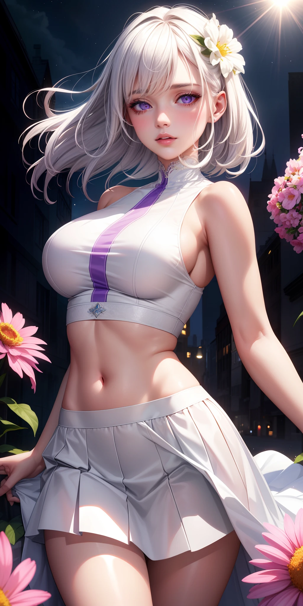 (best quality,4k,8k,highres,masterpiece:1.2),ultra-detailed,realistic,portrait,beautiful detailed eyes,beautiful detailed lips,extremely detailed eyes and face,longeyelashes,girl with white hair and purple eyes,girl with glowing eyes,wearing a crop top and skirt,parted lips with a slight blush,enjoying the night surrounded by flowers under the moonlight,sunlight streaming in from a distance