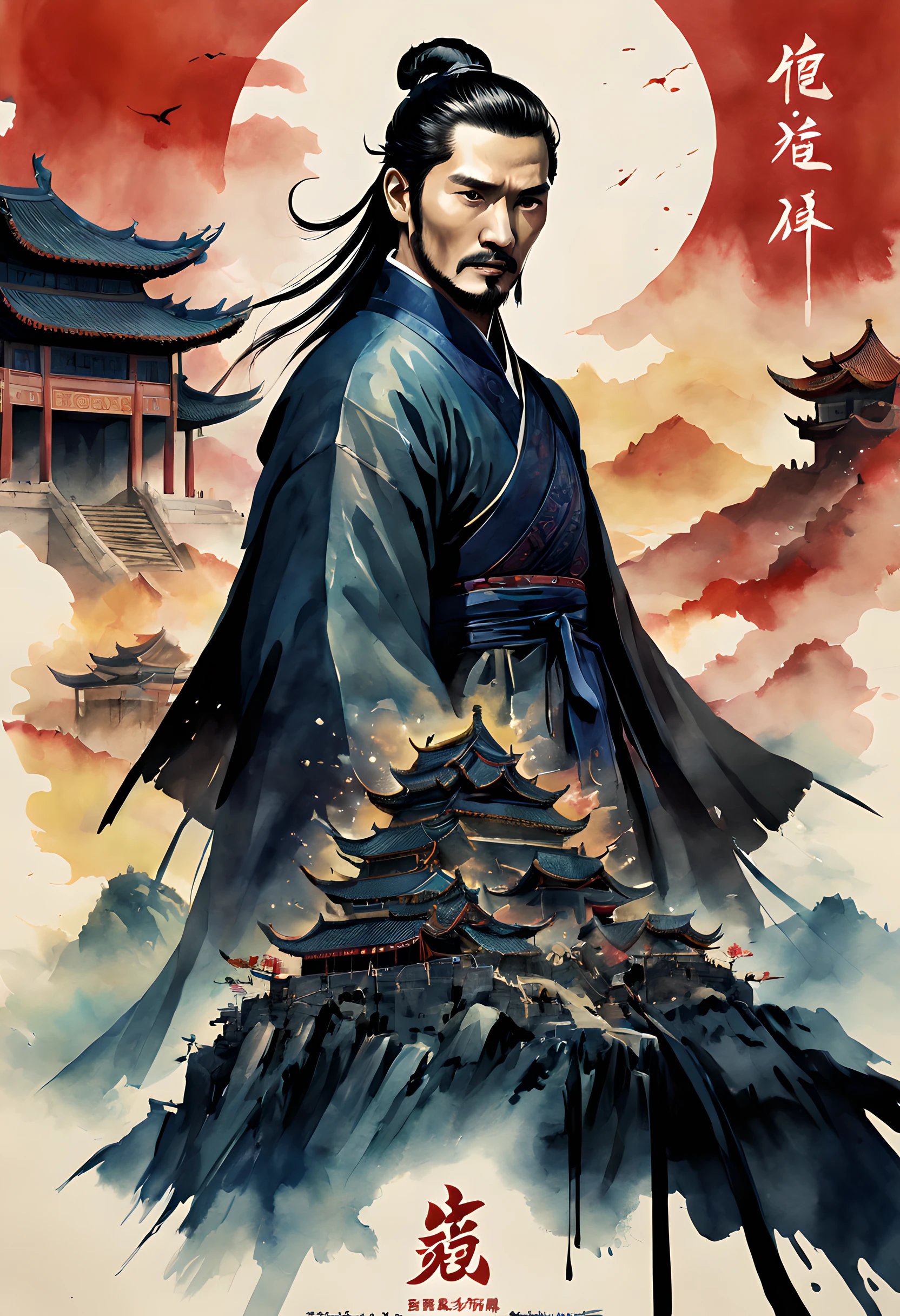 (movie poster style:1.5), (movie poster:1.5), (ink and watercolor painting:1.5), (Tasteful:1.5), (ink and watercolor painting:1.5), (Chinese style:1.5), (full color:1.5), 8k, 4k, (magic:1.5), (dripping paint;1.5), (chiniese movie poster:1.5), （Period Drama Poster:1.3), (First Emperor:1.5), (The Great Wall of China:1.5), (Spring and Autumn Warring States Period:1.5), (war:1.5), (movie title:1.5), (logo:1.5), (text:1.5), (Background of period drama:1.5),