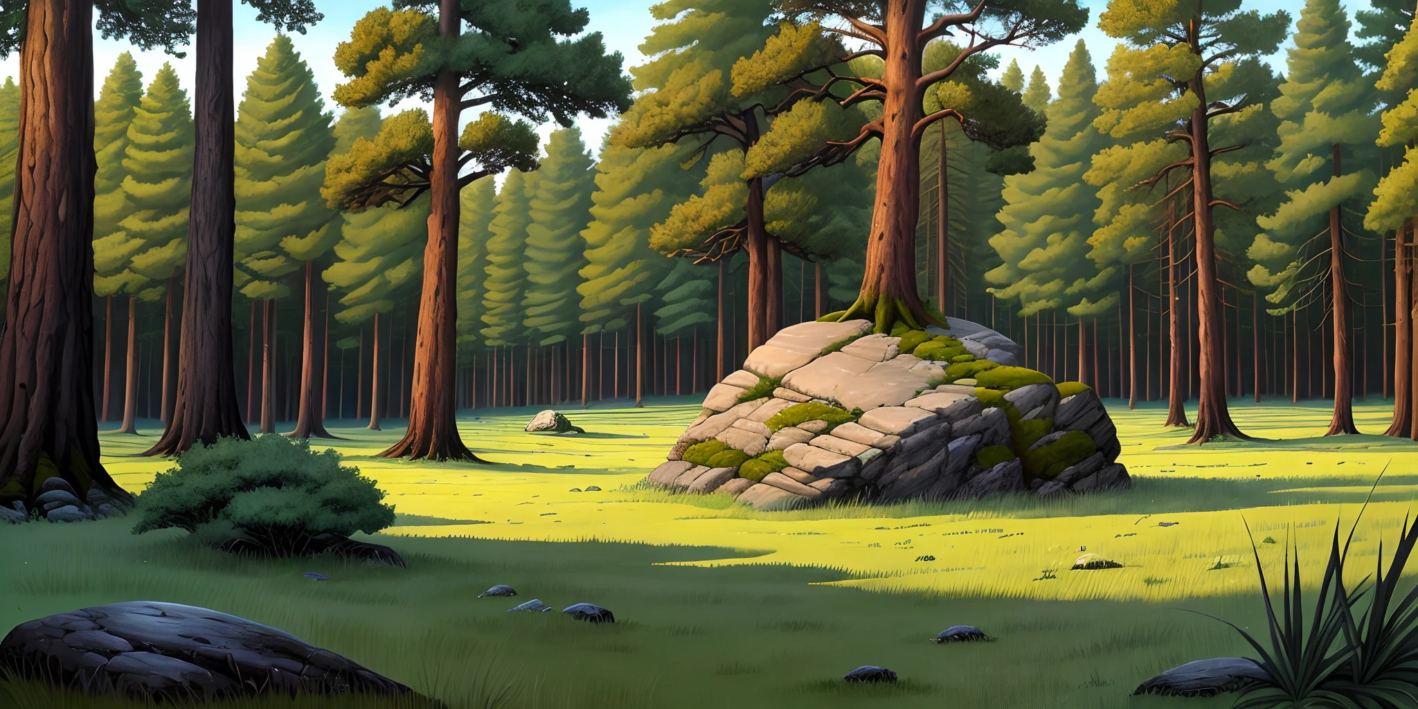 Big flat rock in a grassy meadow in the forest