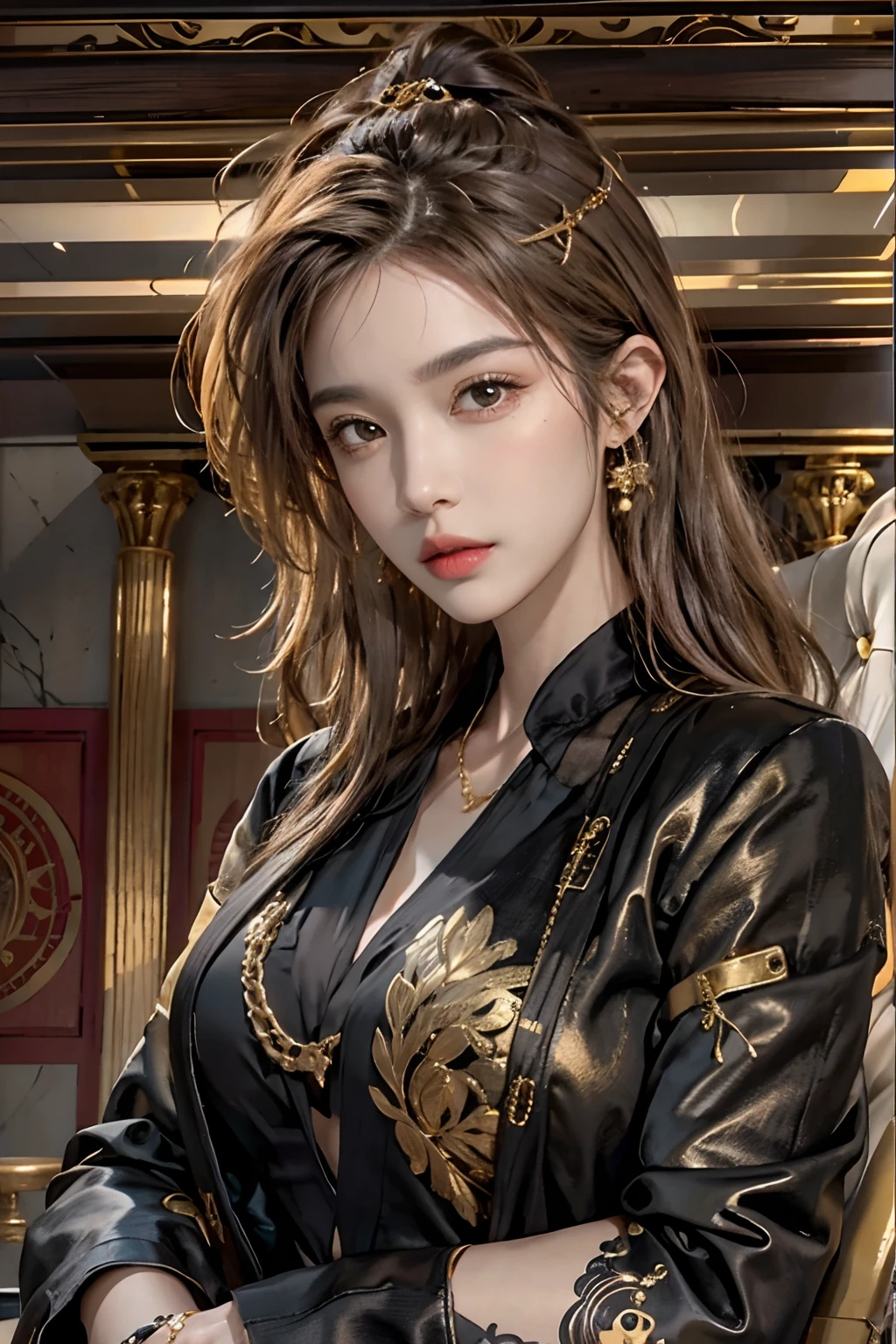 photorealistic, high resolution, 1women, solo, hips up, look at viewer, (detailed face), gold wavy hair, black suit, mafia, tattoo, jewelry