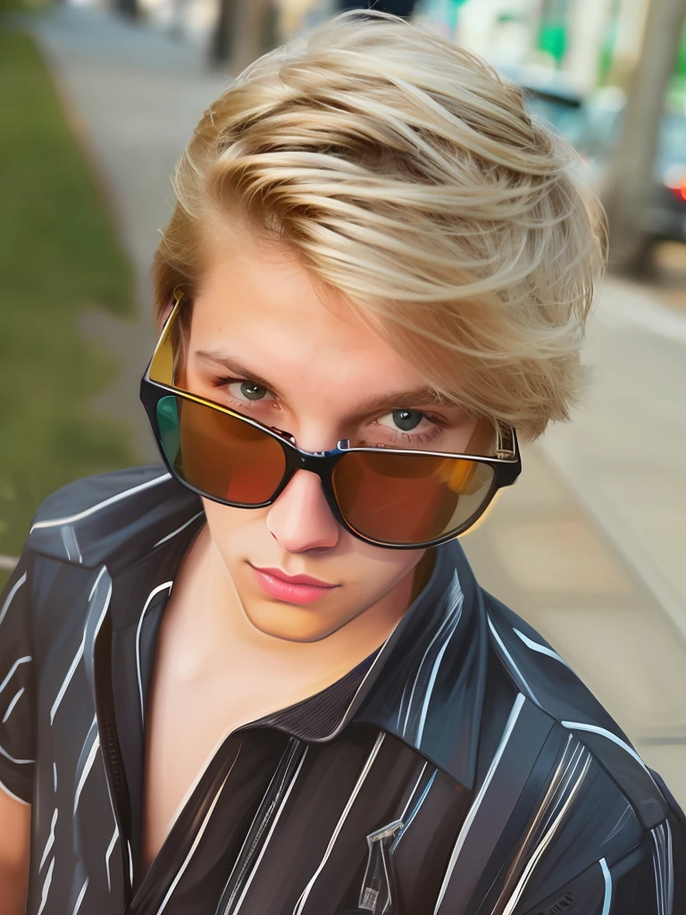 blond boy with sunglasses looking at her cell phone while standing on a sidewalk, with sunglass, with sunglasses, glares, cool face, young blonde boy fantasy thief, sunglasses, in sun glasses, xqc, twitch streamer / gamer ludwig, high fov, aggressive look, sun glasses, avatar image, halfbody headshot, blonde boy with yellow eyes