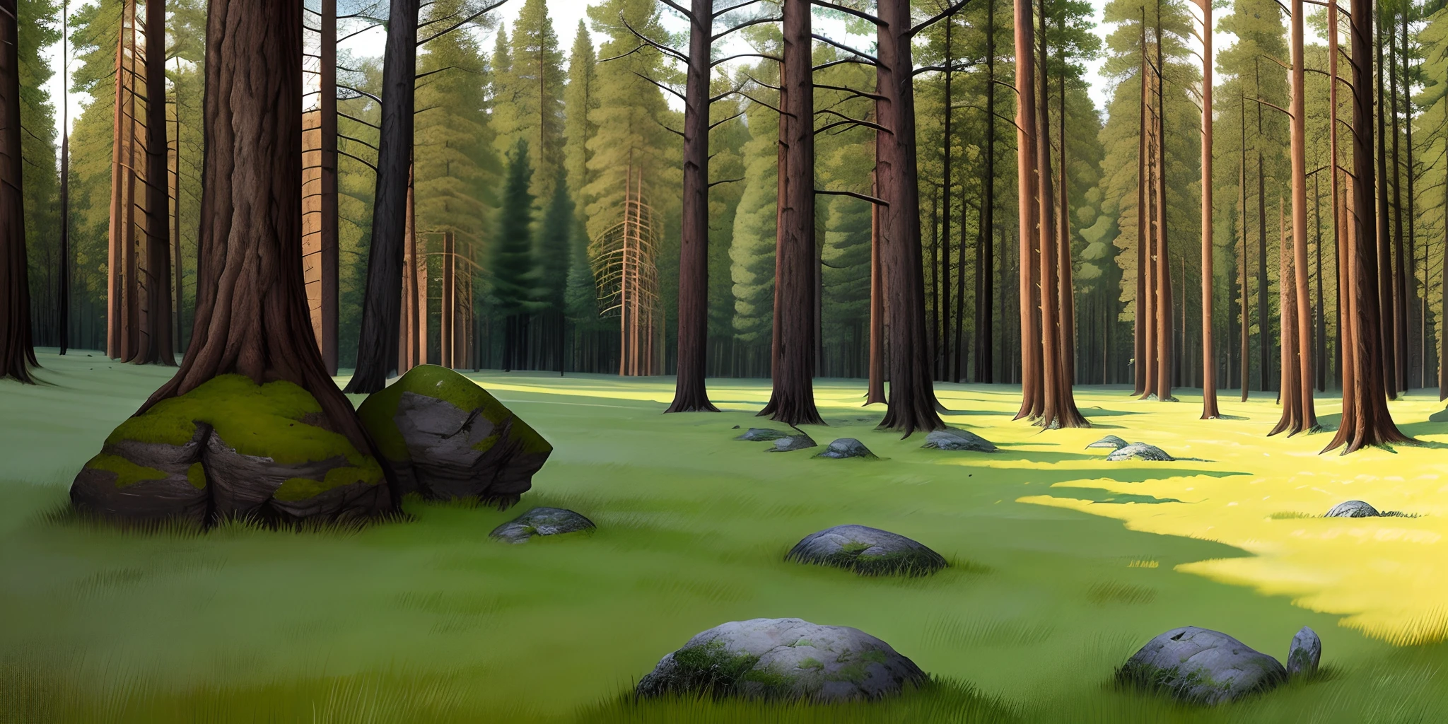Big flat rock in a grassy meadow in the forest