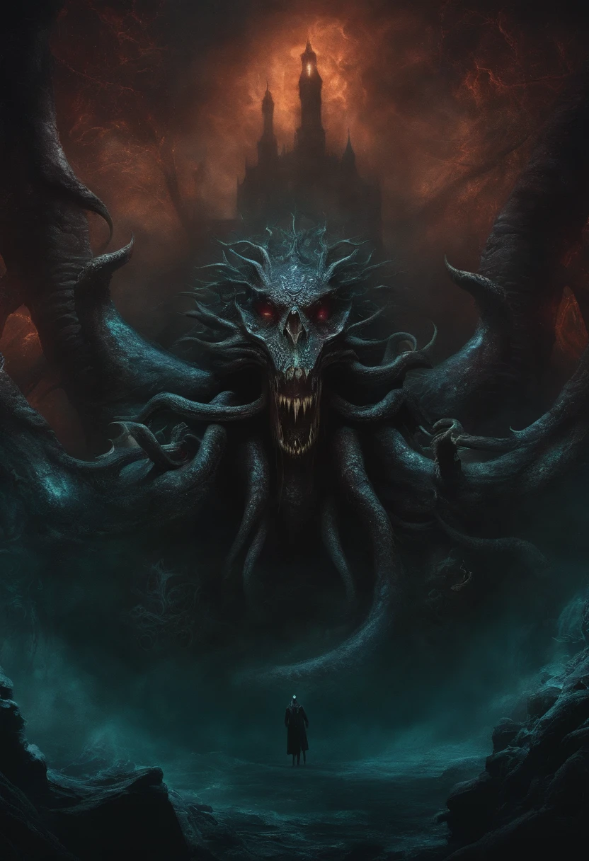 Dark, lovecraftian, foreboding, awe inspiring, madness, background, wallpaper, creature,lich face it