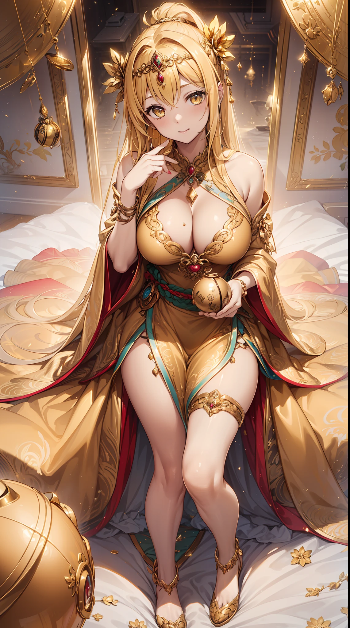 top-quality、Top image quality、tmasterpiece、Girl vs((20yr old、Best bust、big bast、Bust 85,Beautiful golden eyes、Breasts wide open,A blonde long-haired、slenderness、Great Valley、vests、Cosmic dress、gold bikini、stooping forward、Kaihuai))hiquality、beautiful art、Background with((soiree、golden ornaments)))masutepiece、visual art、depth of fields、