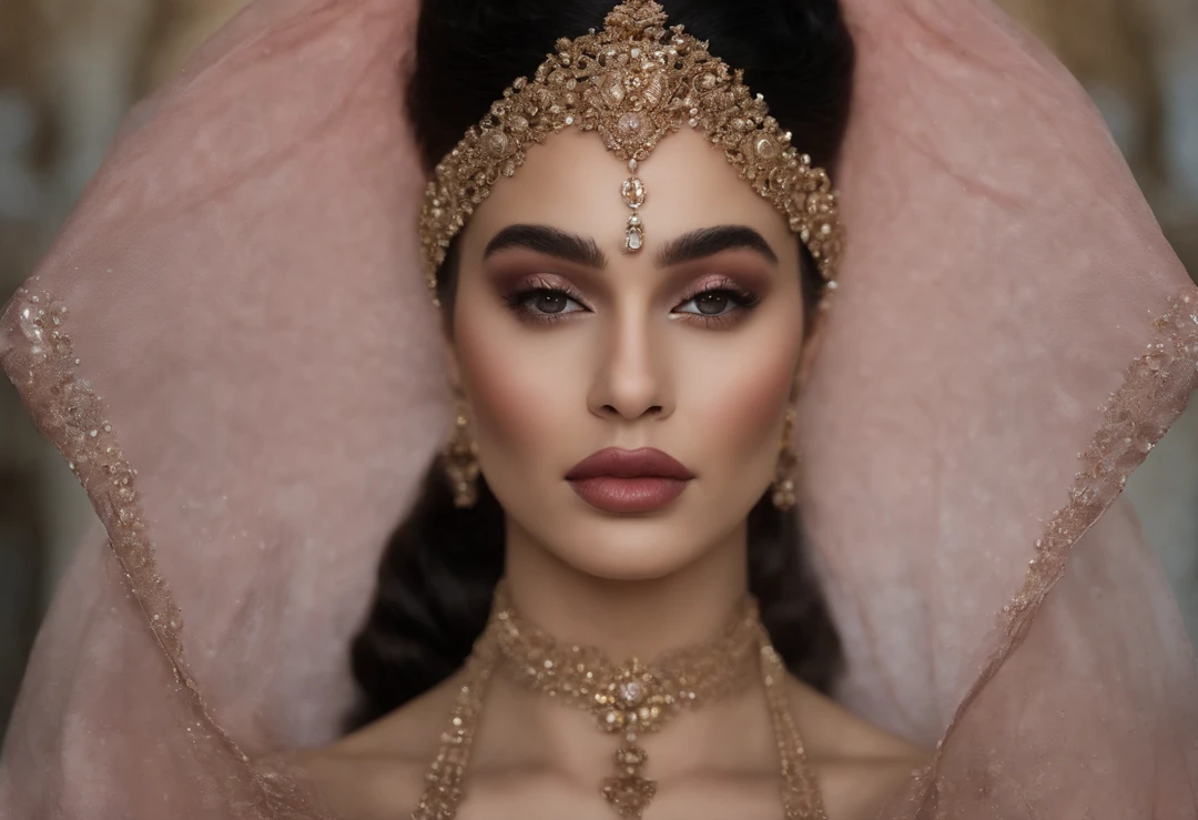 Photographic still of an Islamic princess, translucent skin,veins showing beneath it's skin, dark, onimous, extremely gorgeous, cats eye, pale pinkinsh skin, bloodlust, Ottoman Empire Era, forbidden Beauty, walking with her Pet kittens and Peacock in her Islamic Castle ’s garden and sits net to a marble water fountain which cause sprinkled on her pinkish cheeks, wearing long and huge transparent skin-tight princess outwear her gorgeous maids are standing in the back,