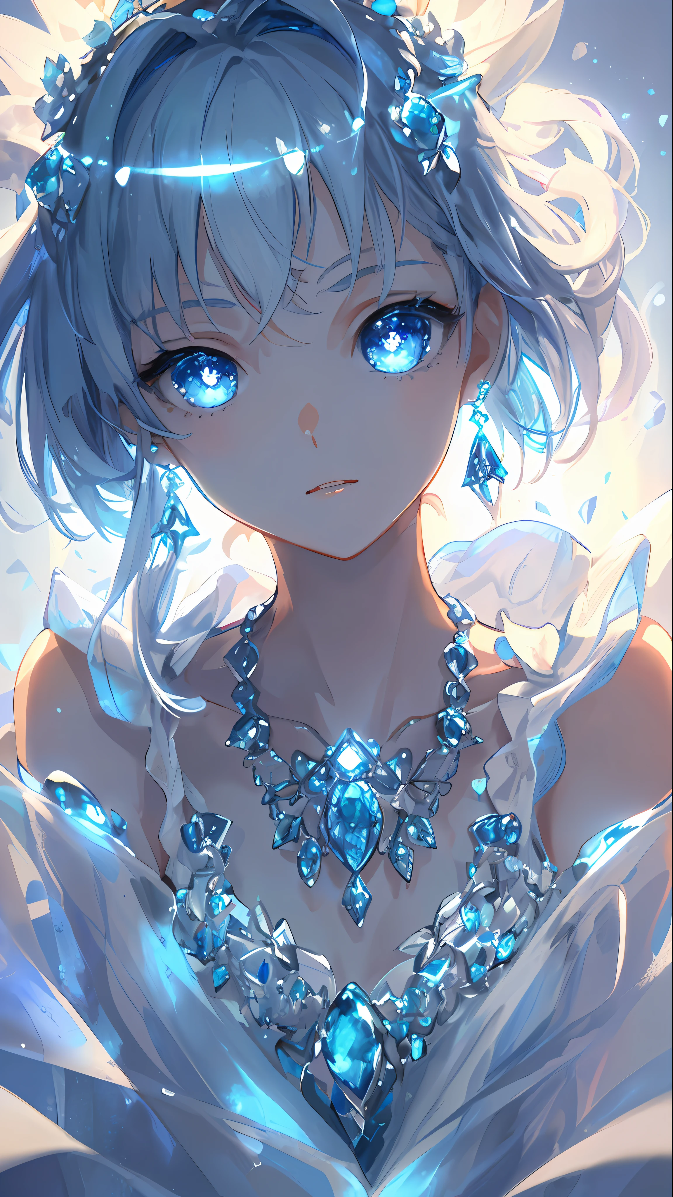 masterpiece, best quality, illustration, sax blue, platinum earrings, platinum necklace, white dress, 1girl, cute, (dynamic lighting:1.2), cinematic lighting, delicate facial features, detailed eyes, sharp pupils, realistic pupils, depth of field, bokeh, sharp focus, (hyper-detailed, bloom, glow:1.4), many small gems