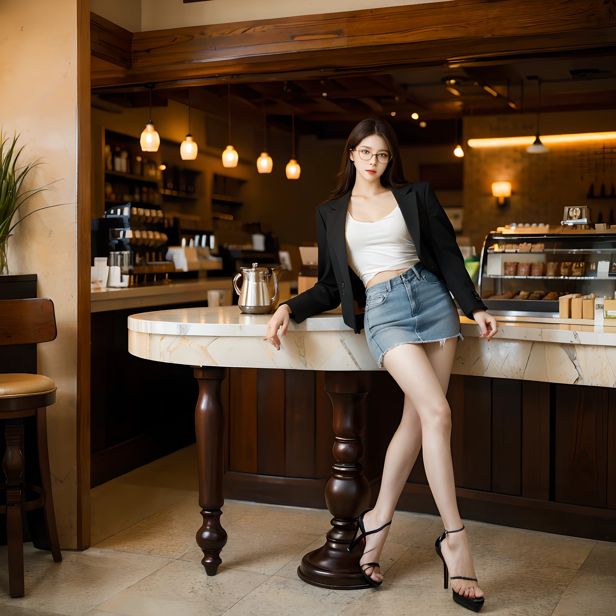 Best quality, masterpiece, ultra high res, (photorealistic:1.4), full body shot with high heel,wear glasses,supermodel posing in coffee shop,raw photo, portrait,