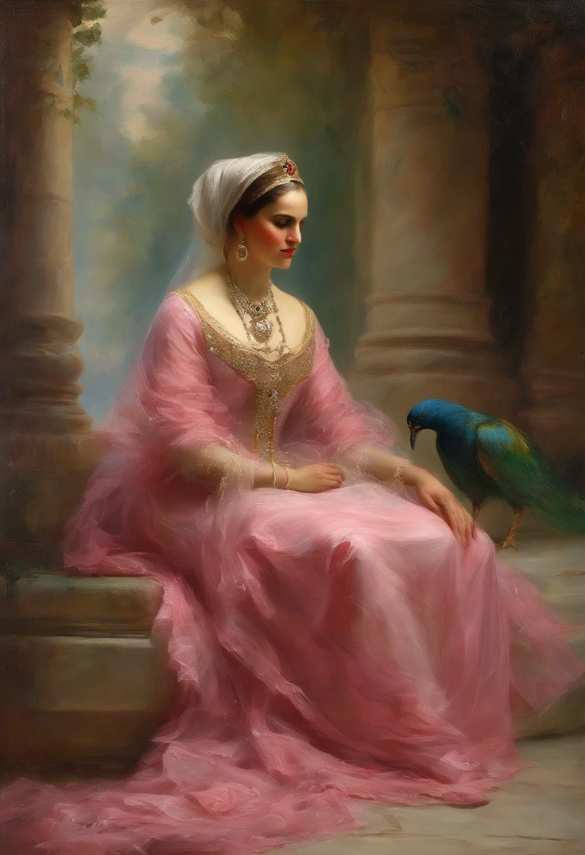 Photographic still of an Islamic princess, translucent skin,veins showing beneath it's skin, dark, onimous, extremely gorgeous, cats eye, pale pinkinsh skin, bloodlust, Ottoman Empire Era, forbidden Beauty, walking with her Pet kittens and Peacock in her Islamic Castle ’s garden and sits net to a marble water fountain which cause sprinkled on her pinkish cheeks, wearing long and huge transparent skin-tight princess outwear her gorgeous maids are standing in the back,